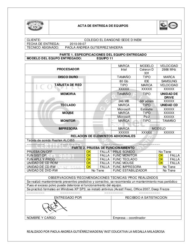 Acta de entrega de equipos