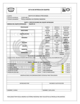 REALIZADO POR PAOLA ANDREA GUTIÉRREZ MADERA/ INST EDUCATIVA LA MEDALLA MILAGROSA
ACTA DE ENTREGA DE EQUIPOS
CLIENTE: INSTITUTO BÁSICO PROVENZA
FECHA DE ENTREGA: 2 2010-08-11
TECNICO ASIGNADO: PAOLA ANDREA GUTIERREZ MADERA
PARTE 1. ESPECIFICACIONES DEL EQUIPO ENTREGADO
MODELO DEL EQUPO ENTREGADO: EQUIPO 14
PROCESADOR MARCA MODELO VELOCIDAD
Intel Celeron D 2666 MHz
DISCO DURO TAMAÑO TIPO MARCA
80 GB IDE SAMSUNG
TARJETA DE RED TIPO MARCA VELOCIDAD
Realteck Onboard XXXXX
MEMORIA TAMAÑO TIPO UNIDAD DE
DRIVE
246 MB Ddr sdram XXXXX
TECLADO MARCA TIPO UNIDAD CD
Estandar si
MOUSE MARCA TIPO XXXXX
Ps/2 XXXXX
MONITOR MARCA TIPO TAMAÑO
AOC CRT 17”
IMPRESORA MARCA MODELO
XXXXX XXXXX
RELACION DE ELEMENTOS ADICIONALES
Tarjeta de Red (Realtek RTL8185 54M Wireless LAN) & Tarjeta de sonido (Intel 82801EB ICH5)
PARTE 2. PRUEBA DE FUNCIONAMIENTO
PRUEBA ON/OFF OK FALLA PRUE SONIDO OK FALLA
FUN SIST OP OK FALLA FUNC MONITOR OK FALLA
FUN APLI. Y PROG OK FALLA FUNC TECLADO OK FALLA
UNIDAD DE CD ROM OK FALLA FUNC MOUSE OK FALLA
UNIDAD DE CD-RW OK FALLA FUNC IMPRESORA OK FALLA
UNIDAD DE DVD-RW OK FALLA FUNC ESTABILIZADOR OK FALLA
OBSERVACIONES/ RECOMENDACIONES TECNICAS/ PROC REALIZADOS
ENTREGADO POR RECIBIDO A SATISTACCION
NOMBRE Y CARGO NOMBRE Y APELLIDOS
 