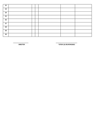 22
23
24
25
26
27
28
29
30
____________________ ____________________________
DIRECTOR TUTOR (A) RESPONSABLE