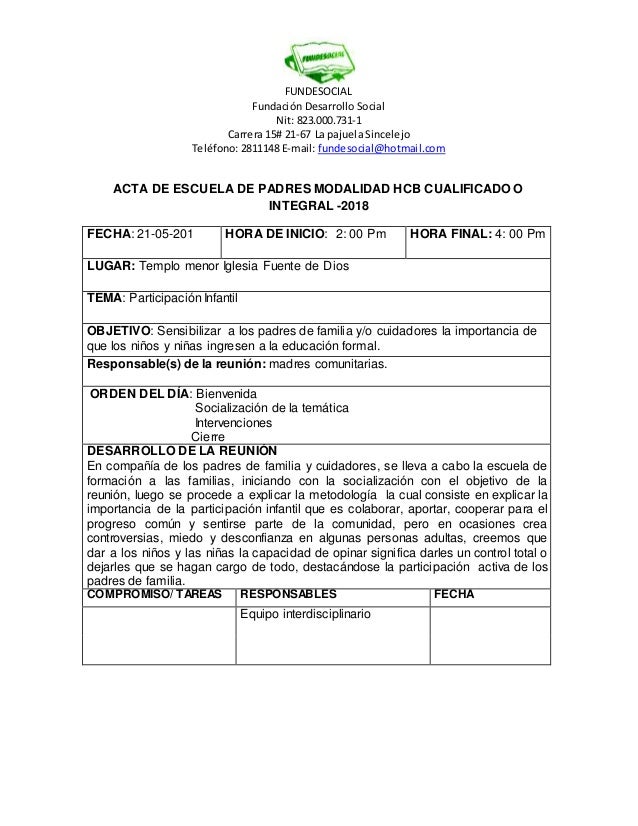 Acta De Escuela De Padres Modalidad Hcb Cualificado O Integral