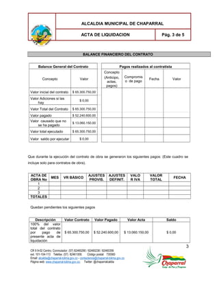 ALCALDIA MUNICIPAL DE CHAPARRAL
ACTA DE LIQUIDACION Pág. 3 de 5
BALANCE FINANCIERO DEL CONTRATO
Balance General del Contrato Pagos realizados al contratista
Concepto Valor
Concepto
(Anticipo,
actas,
pagos)
Compromis
o de pago
Fecha Valor
Valor inicial del contrato $ 65.300.750,00
Valor Adiciones si las
hay
$ 0,00
Valor Total del Contrato $ 65.300.750,00
Valor pagado $ 52.240.600.00
Valor causado que no
se ha pagado
$ 13.060.150.00
Valor total ejecutado $ 65.300.750,00
Valor saldo por ejecutar $ 0,00
Que durante la ejecución del contrato de obra se generaron los siguientes pagos: (Este cuadro se
incluye solo para contratos de obra).
ACTA DE
OBRA No
MES VR BÁSICO
AJUSTES
PROVIS.
AJUSTES
DEFINIT.
VALO
R IVA
VALOR
TOTAL
FECHA
1
2
3
TOTALES
Quedan pendientes los siguientes pagos
Descripción Valor Contrato Valor Pagado Valor Acta Saldo
100% del valor
total del contrato
por pago de
presente acta de
liquidación
$ 65.300.750,00 $ 52.240.600,00 $ 13.060.150,00 $ 0,00
3
CR 9 9-02 Centro; Conmutador: (57) 82460290 / 82460238 / 82460356
ext. 101-104-113 Telefax: (57) 82461309; Código postal: 735560
Email: alcaldia@chaparral-tolima.gov.co - contactenos@chaparral-tolima.gov.co
Página web: www.chaparral-tolima.gov.co; Twitter: @chaparralcaldia
 