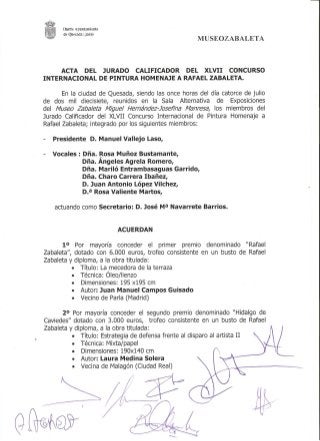 Acta del jurado calificador del XLVII Concurso Internacional de Pintura Homenaje a Rafael Zabaleta. Quesada (Jaén) 14-07-2017