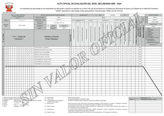 ACTA OFICIAL DE EVALUACIÓN DEL NIVEL SECUNDARIA EBR - 2024
Los resultados de aprendizaje de los estudiantes de cada grado y sección se reportan en el Acta Final que se encuentra en el Sistema de Información de Apoyo a la Gestión de la Institución Educativa -
SIAGIE, disponible en http://siagie.minedu.gob.pe/inicio/. Este formulario TIENE VALOR OFICIAL
Período Lectivo (8)
Inicio 11/03/2024 Fin 20/12/2024
Datos de la Instancia de Gestión
Educativa Descentralizada
(UGEL) (1)
Código 0 2 0 0 1 2
Nombre de
UGEL
UGEL Huaylas
Datos de la Institución Educativa o Programa Educativo
Número y/o Nombre 86537
Código Modular - Anexo 1373075 - 0
Resolución de
Creación N°
R.D. UGEL HY N° 123
Modalidad (3) EBR Grado (5)
1 Turno (7)
M
Gestión (4)
P Sección(6)
UNICA
N°
de
Orden
D.N.I. / Código del
Estudiante (2)
Apellidos y Nombres
(Orden Alfabético)
Sexo
H/M
ÁREAS
CASTELLANO COMO SEGUNDA
LENGUA (G) INGLÉS (H) MATEMÁTICA (I) CIENCIA Y TECNOLOGÍA
(J)
EDUCACIÓN
RELIGIOSA (K)
Se
comunica
oralmente
Lee
diversos
tipos
de
textos
escritos
Escribe
diversos
tipos
de
textos
Se
comunica
oralmente
Lee
diversos
tipos
de
textos
escritos
Escribe
diversos
tipos
de
textos
Resuelve
problemas
de
cantidad
Resuelve
problemas
de
regularidad,
equivalencia
y
cambio
Resuelve
problemas
de
forma,
movimiento
y
localización
Resuelve
problemas
de
gestión
de
datos
e
incertidumbre
Indaga
mediante
métodos
científicos
para
construir
sus
conocimientos
Explica
el
mundo
físico
basándose
en
conocimientos
sobre
los
seres
vivos;
materia
y
energía;
biodiversidad,
Tierra
y
Universo
Diseña
y
construye
soluciones
tecnológicas
para
resolver
problemas
de
su
entorno
Construye
su
identidad
como
persona
humana,
amada
por
Dios,
digna,
libre
y
trascendente,
comprendiendo
la
doctrina
de
su
propia
religión,
abierto
al
diálogo
con
las
que
le
son
cercanas
Asume
la
experiencia
del
encuentro
personal
y
comunitario
con
Dios
en
su
proyecto
de
vida
en
coherencia
con
su
creencia
religiosa
N°
Áreas
y
Talleres
que
no
alcanzan
el
calificativo
mínimo
exigido
(10)
Situación
final
(11)
Motivo
de
Retiro
(12)
Ubicación Geográfica
Dpto. ÁNCASH
Prov. HUAYLAS
Dist. PUEBLO LIBRE
Centro Poblado
MARCA
Final X
Recuperación
Adelanto
Postergación
Ubicación
Subsanación
Convalidación de Estudios
independientes
Evaluación
(marca
X)
Convalidación de
Aprendizajes Comunitarios
Observaciones (13)
1 D N I 6 3 3 2 1 4 0 3 ALEGRE ANGELES, Jeidi Maria M A A A A A A B B B B A B B A B 0 PRO
2 D N I 6 2 6 1 8 1 6 2 ARROSTEGUI PACHECO, Lenin Forlan H A A A A A A AD AD A AD B A B B A 0 PRO
3 D N I 6 2 1 1 0 5 4 4 MENDOZA MILLA, Diana Celestina M A A A A A A B B B B A A A A B 0 PRO
4 D N I 6 3 3 2 1 4 1 7 PAREDES LEON, Analy Elizabeth M A A A A A A AD A A A A A A A A 0 PRO
5 D N I 6 1 6 3 1 5 3 5 REGALADO CADILLO, Heymi Alen M A A A A A A B B B B A A A A B 0 PRO
6 D N I 6 2 5 0 7 2 5 3 VALDEZ MENDOZA, Fidencio Rolando H A A A A A A A A A A A A A A B 0 PRO
7 D N I 6 3 3 2 1 4 3 2 VALDEZ MENDOZA, Roberto Aurelio H A A A C A A C C C C B C C B A 2 RR
8 D N I 6 3 3 2 1 4 0 2 VEGA MENDOZA, Jhomira Alexandra M A A A C A A C C C C C C C B B 4 PER
9
10
11
12
13
14
15
16
17
18
19
20
21
(1) Datos de la Unidad de Gestión Educativa Local - UGEL
(2) Código del Estudiante únicamente si el estudiante no tiene D.N.I.
(3) Modalidad : (EBR) Educación Básica Regular, (EAD) Educación a Distancia.
(4) Gestión : (P) Público (PR) Privado.
(5) Grado : 1, 2, 3, 4, 5.
(6) Sección : A,B,C, D, … "-" si es sección única.
(7) Turno : (M) Mañana, (T) Tarde.
(8) Período Lectivo : Según norma que autoriza.
(9) Comp. Transv. : No aplica para determinar la promoción de grado.
(10) N° Áreas/Talleres que no alcanzan el
calificativo mínimo exigido
: Se refiere a la cantidad de áreas y talleres que no alcanzan el calificativo mínimo exigido.
(11) Situación Final : (PRO) Promovido de Grado, (RR) Requiere Recuperación Pedagógica, (PER) Permanece en el Grado, (T) Trasladado, (R) Retirado,
(PE) Postergación de Evaluación, (AE) Adelanto de Evaluación, (F) Fallecido, (PG) Promoción Guiada.
(12) Motivo del Retiro : (SE) Situación Económica, (AG) Apoyo a labores agrícolas, (TR) Trabajo Infantil, (VI) Violencia, (EN) Enfermedad, (AD) Adicción, (OT)
Otros (Especificar en columna Observaciones).
(13) Observaciones : N° y fecha de Resol. directoral para recuperación, adelanto, portegación, ubicación, subsanación, convalidación de estudios
independientes, convalidación de aprendizajes comunitarios.
(14) Especial. Ocupac. : Código de especialidad ocupacional (14) de acuerdo a la Tabla Especialidades – EPT elaborada por el director(a).
Especialidades – EPT
Código (14) Especialidad Ocupacional - Módulo
 