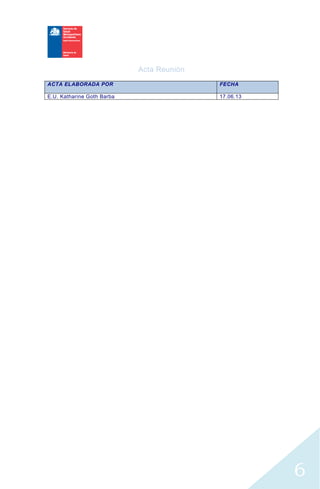 Acta Reunión
6
ACTA ELABORADA POR FECHA
E.U. Katharine Goth Barba 17.06.13
 