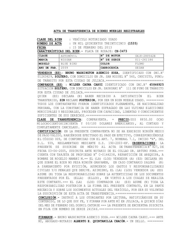 Acta de transferencia de bienes muebles registrarles