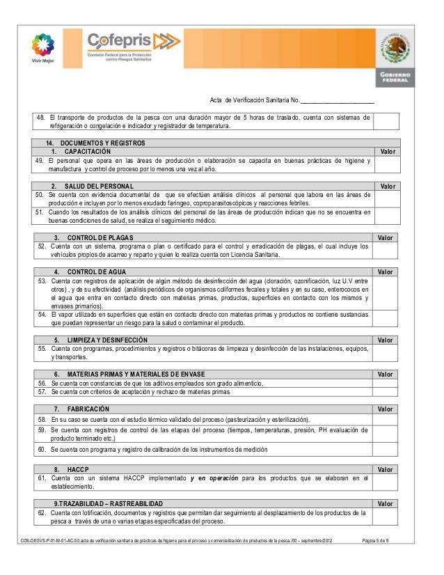 Acta de vericiacion para proceso y comercializacion