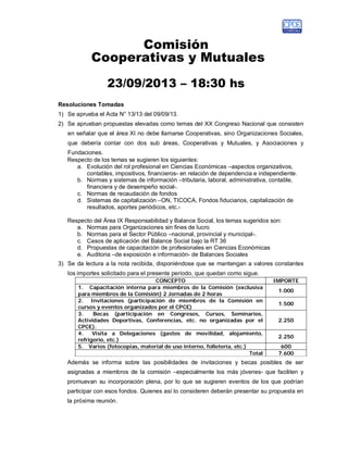 Comisión
Cooperativas y Mutuales
23/09/2013 – 18:30 hs
Resoluciones Tomadas
1) Se aprueba el Acta N° 13/13 del 09/09/13.
2) Se aprueban propuestas elevadas como temas del XX Congreso Nacional que consisten
en señalar que el área XI no debe llamarse Cooperativas, sino Organizaciones Sociales,
que debería contar con dos sub áreas, Cooperativas y Mutuales, y Asociaciones y
Fundaciones.
Respecto de los temas se sugieren los siguientes:
a. Evolución del rol profesional en Ciencias Económicas –aspectos organizativos,
contables, impositivos, financieros- en relación de dependencia e independiente.
b. Normas y sistemas de información –tributaria, laboral, administrativa, contable,
financiera y de desempeño social-.
c. Normas de recaudación de fondos
d. Sistemas de capitalización –ON, TICOCA, Fondos fiduciarios, capitalización de
resultados, aportes periódicos, etc.-
Respecto del Área IX Responsabilidad y Balance Social, los temas sugeridos son:
a. Normas para Organizaciones sin fines de lucro
b. Normas para el Sector Público –nacional, provincial y municipal-.
c. Casos de aplicación del Balance Social bajo la RT 36
d. Propuestas de capacitación de profesionales en Ciencias Económicas
e. Auditoria –de exposición e información- de Balances Sociales
3) Se da lectura a la nota recibida, disponiéndose que se mantengan a valores constantes
los importes solicitado para el presente período, que quedan como sigue.
CONCEPTO IMPORTE
1. Capacitación interna para miembros de la Comisión (exclusiva
para miembros de la Comisión) 2 Jornadas de 2 horas
1.000
2. Invitaciones (participación de miembros de la Comisión en
cursos y eventos organizados por el CPCE)
1.500
3. Becas (participación en Congresos, Cursos, Seminarios,
Actividades Deportivas, Conferencias, etc. no organizadas por el
CPCE).
2.250
4. Visita a Delegaciones (gastos de movilidad, alojamiento,
refrigerio, etc.)
2.250
5. Varios (fotocopias, material de uso interno, folletería, etc.) 600
Total 7.600
Además se informa sobre las posibilidades de invitaciones y becas posibles de ser
asignadas a miembros de la comisión –especialmente los más jóvenes- que faciliten y
promuevan su incorporación plena, por lo que se sugieren eventos de los que podrían
participar con esos fondos. Quienes así lo consideren deberán presentar su propuesta en
la próxima reunión.
 