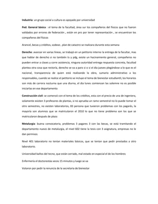 Industria: un grupo social a cultura es apoyado por universidad
Ped. General básica : el tema de la facultad, área sur los compañeros del físicos que no fueron
validados por errores de federación , están en pro por tener representación , se encuentran los
compañeros del físicos
Arancel, becas y créditos, sodexo , plan de catastro se realizara durante esta semana
Derecho: avanzar en varias líneas, se trabajó en un petitorio interno la entrega de la facultar, mas
que hablar de derecho si no también ts y pdg, existe un hacinamiento general, compañeros no
pueden entrar a clases y corre asistencia, ninguna autoridad entrega respuesta concreta, facultad
plantea otra cosa que rectoría, derecho se va a paro si o si el dia jueves plegándose a lo que es el
nacional, transparencia de quien está realizando la obra, sumario administrativo a los
responsables, cuando se realice el petitorio se incluye el tema de bienestar estudiantil, los horarios
son más de carrera nocturna que una diurna, el dia lunes comienzan las solemne no es posible
iniciarlas en ese departamento
Construcción civil: se comenzó con el tema de los créditos, esta con el precio de una de ingeniera,
solamente existen 3 profesores de plantas, si no aprueba un ramo semestral no lo puede tomar el
otro semestres, no existen laboratorios, 83 persona que tuvieron problemas con los pagarés, la
mayoría son alumnos que se matricularon el 2010 lo que no tiene problema son los que se
matricularon después de plazo
Metalurgia: buena convocatoria, problemas 3 pagares 3 con las becas, se está tramitando el
departamento nuevo de metalurgia, el nivel 602 tiene la tesis con 3 asignatura, empresas no le
dan permisos
Nivel 401 laboratorio no tenían materiales básicos, que se tenían que pedir prestados a otro
laboratorio.
Universidad baños del tecno, que están cerrado, mal estado en especial el de los hombres
Enfermería el doctorestáa veces 15 minutos y luego se va
Votaron por pedir la renuncia de la secretaria de bienestar
 