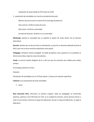 Suspensión de clases desde las 9:45 hasta las 15:00
2.- paralización de actividades con marcha y jornada de discusión
Marcha: pto de encuentro rectoría 10 hrs (entrega de petitorio)
Acto cultural: 12:40 en la plaza de arma
Olla común: 14:30 Hrs universidad
Jornada de discusión: 16:30 hrs en la universidad
Metalurgia: plantea la necesidad que se explicite la opción de clases dentro de las diversas
alternativas
Derecho: plantea que se da por hecho la movilización, ya que fue un derecho obtenido durante el
2011 y por eso no seria necesario explicitarlo como opción
Pedagogía: fortalecer horario protegido. Se habló de generar otras opciones en la asamblea se
dieron varias ideas, dejar las cosas más abiertas.
Feuda: se acercó Leandro dirigente de la u del mar que los acuerdos sean válidos para ambos
campus
Se entregara petitorio al rector.
Votación:
Paralización de actividades con un 57% por opción 2 (anexo con votación especifico)
Industria: se va paralización de estas actividades
7- Otros
Base educación física: elecciones un proceso irregular, todas las pedagogías se encontraba
prácticas, apertura a las 9:30 hasta las 5:30, no se respetó los horarios, varios alumnos fueron a
votar en ese horario, tenemos el apoyo de federación, fue por la culpa de federación, se exige la
federación
 