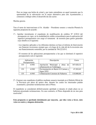 Página 20 de 103
Pero no tengo una bolita de cristal y por tanto entendimos en aquel momento que la
oportunidad de la subvención era la mejor alternativa para este Ayuntamiento y
comenzar a trabajar sobre el desarrollo de este sector.
Muchas gracias.
Tras el turno de intervenciones el Sr. Alcalde – Presidente somete a votación Plenaria la
siguiente propuesta de acuerdo:
1º.- Aprobar inicialmente el expediente de modificación de créditos Nº 6/2014 del
presupuesto en vigor, en la modalidad de crédito extraordinario para la aplicación del
superávit presupuestario con cargo al remanente de tesorería para gastos generales
cuyo detalle es el siguiente:
- Los importes aplicados a los diferentes destinos en base al informe de Intervención
son financiar inversiones siempre que, a lo largo de la vida útil de la inversión esta
sea financieramente sostenible, por la cantidad de 704.223,85 €.
- El resumen de las aplicaciones presupuestarias a las que se destinará el superávit
presupuestario será el siguiente:
Aplicación
Presupuestaria
Descripción Euros
155 61901 Aportación Municipal a obras de
urbanización en Valdelagua
547.020,16
155 61902 Pavimentación en Barrio El Carmen y
Signo XXV
47.203,69
155 61903 Urbanización Carretera de Naharros 110.000,00
2º.- Exponer este expediente al público mediante anuncio insertado en el Boletín Oficial de
la Provincia por plazo de quince días, durante los cuales los interesados podrán
examinarlo y presentar reclamaciones ante el Pleno.
El expediente se considerará definitivamente aprobado si durante el citado plazo no se
hubiesen presentado reclamaciones. En caso contrario, el Pleno dispondrá de un mes para
resolverlas”.
Esta propuesta es aprobada inicialmente por mayoría, por diez votos a favor, siete
votos en contra y ninguna abstención.
 