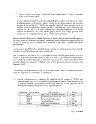 Página 47 de 103
2. El tema de “ilegal” o no “ilegal” y lo que el Sr. Interventor pudiera explicar, la realidad
es la que yo le estoy diciendo.
El canon de mejora se utilizó, se hizo esa partida precisamente para mejorar las redes
de abastecimiento, o al menos, vuelvo a repetir son los conocimientos que nosotros
tenemos de esa partida de 99.900 €, ¿de acuerdo?, desde el primer momento y se ha
utilizado en el momento que creemos que es lo más oportuno, junto, junto con otro
capítulo de 244.000 € y a otras intervenciones que posteriormente en el futuro
haremos, electoralistas o no, como ustedes quieran decirlo en el tiempo que está, en el
tiempo que nos toca gobernar hasta que el pueblo diga lo contrario.
Luego, seamos más rigurosos cuando hablamos y seamos más rigurosos cuando decimos
las cosas, y cuando informamos a nuestro vecindario, cuando informamos, porque el hecho
de que he dicho yo que es “porque no se trabajaba lo suficiente”, ¡viendo esto!, pues
posiblemente.
Ahora, es muy posible también que la forma de trabajar no sea la oportuna, van buscando
“tres pies al gato” cuestiones que nunca encontrarán.
Por lo tanto es lo que quiero decir, que digamos siempre lo más justo posible y no por
interés, o no por intereses electoralistas de unos y de otros, y las formas que ustedes tienen,
y lo he dicho y lo repito, de decirle al electorado no a través de la prensa, sino otras formas
distintas, dicen como quieren y lo hablan como le da la gana como en este momento está
haciendo usted.
Tras el turno de intervenciones el Sr. Alcalde – Presidente somete a votación Plenaria la
siguiente propuesta de acuerdo para su aprobación:
1º.- Aprobar inicialmente el expediente de modificación de créditos nº 7/2014 del
presupuesto en vigor, en la modalidad de crédito extraordinario, financiado con cargo
a mayores ingresos efectivamente recaudados sobre los totales previstos en el
Presupuesto corriente, de acuerdo con el siguiente detalle:
Aplicación Presupuestaria Descripción Euros
155 609 Aportación Planes Provinciales 24.440
155 61904 Pavimentación Camino del Canal 57.679
155 61905 Pavimentación Rotondas 73.000
155 622 Parques Infantiles 60.348,48
161 61906 Redes de Abastecimiento 99.900
TOTAL GASTOS 315.367,48
 