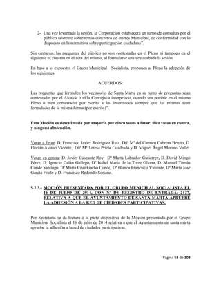 Página 63 de 103
2- Una vez levantada la sesión, la Corporación establecerá un turno de consultas por el
público asistente sobre temas concretos de interés Municipal, de conformidad con lo
dispuesto en la normativa sobre participación ciudadana”.
Sin embargo, las preguntas del público no son contestadas en el Pleno ni tampoco en el
siguiente ni constan en el acta del mismo, al formularse una vez acabada la sesión.
En base a lo expuesto, el Grupo Municipal Socialista, proponen al Pleno la adopción de
los siguientes
ACUERDOS:
Las preguntas que formulen los vecinos/as de Santa Marta en su turno de preguntas sean
contestadas por el Alcalde o el/la Concejal/a interpelado, cuando sea posible en el mismo
Pleno o bien contestadas por escrito a los interesados siempre que las mismas sean
formuladas de la misma forma (por escrito)”.
Esta Moción es desestimada por mayoría por cinco votos a favor, diez votos en contra,
y ninguna abstención.
Votan a favor: D. Francisco Javier Rodríguez Ruiz, Dñª Mª del Carmen Cabrera Benito, D.
Florián Alonso Vicente, Dñª Mª Teresa Prieto Cuadrado y D. Miguel Ángel Moreno Valle.
Votan en contra: D. Javier Cascante Roy, Dª Marta Labrador Gutiérrez, D. David Mingo
Pérez, D. Ignacio Galán Gallego, Dª Isabel María de la Torre Olvera, D. Manuel Tomás
Conde Santiago, Dª María Cruz Gacho Conde, Dª Blanca Francisco Valiente, Dª María José
García Fraile y D. Francisco Redondo Soriano.
5.2.3.- MOCIÓN PRESENTADA POR EL GRUPO MUNICIPAL SOCIALISTA EL
16 DE JULIO DE 2014, CON Nº DE REGISTRO DE ENTRADA: 2127,
RELATIVA A QUE EL AYUNTAMIENTO DE SANTA MARTA APRUEBE
LA ADHESIÓN A LA RED DE CIUDADES PARTICIPATIVAS.
Por Secretaría se da lectura a la parte dispositiva de la Moción presentada por el Grupo
Municipal Socialista el 16 de julio de 2014 relativa a que el Ayuntamiento de santa marta
apruebe la adhesión a la red de ciudades participativas.
 