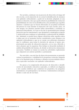 aptitudes sobresalientes 131aptitudes sobresalientes 131
Por un lado, continuar con un proceso de detección a lo largo del
año escolar, con la intención de no cerrar la identificación de alumnos
con aptitudes sobresalientes a partir de la decisión adoptada en una
primera evaluación, sino que quede abierta la posibilidad de evaluar las
probabilidades de error en la identificación; esto permitirá que aquellos
alumnos o alumnas que no fueron detectados en un primer momento
del proceso lo sean durante el transcurso del ciclo escolar, pues, en
este tiempo, los alumnos pueden haber desarrollado o mostrado su
potencial sobresaliente, si es que se les dio la oportunidad para trabajar
proyectos que los entusiasmen y que despierten y mantengan su interés
y motivación para continuar su aprendizaje y potenciación de habilida-
des. Asimismo, se podrá hacer alguna valoración sobre aquellos niños
o niñas que en su momento fueron considerados como alumnos con
aptitudes sobresalientes y que no se cuente con suficientes elementos
que lo confirmen, para tomar la decisión de adecuar el apoyo pro-
porcionado por parte de educación especial y, en su caso, ofrecerlo a
otros alumnos que lo requieran. Este trabajo se desarrolla mediante el
análisis del portafolio del alumno, de donde se derivan las valoraciones
necesarias. También se toman en cuenta las actividades exploratorias
que adquieren un carácter periódico y permanente.
Por otro lado, con esta fase de detección permanente se pretende
valorar la pertinencia y viabilidad de la propuesta curricular adaptada
que se ha diseñado para el alumno o alumna con necesidades educa-
tivas especiales asociadas con aptitudes sobresalientes.
En apoyo a la comprensión del proceso de detección e identifi-
cación de necesidades educativas especiales, se elaboró un diagrama
y tres cuadros sintéticos que contienen los propósitos, las preguntas
orientadoras, los participantes y las técnicas e instrumentos correspon-
dientes a cada una de sus fases.
Material de estudio.indd 65 29/11/06 05:56:42
 