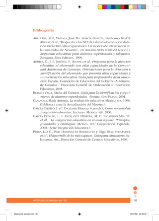 aptitudes sobresalientes 155aptitudes sobresalientes 155
Bibliografía
Abauerra leoz, Victoria, José Ma. García Ganuza, Guillermo Iriarte
Aranaz et al., “Respuesta a las NEE del alumnado con sobredota-
ción intelectual/altas capacidades. Un modelo de intervención en
la comunidad de Navarrra”, en Antonio sipán compañé (coord.),
Respuestas educativas para alumnos superdotados y talentosos,
Zaragoza, Mira Editores, 1999.
Artiles, C., J. E. Jiménez, P. Alonso et al., Programa para la atención
educativa al alumnado con altas capacidades de la Comuni-
dad Autónoma de Canarias. Orientaciones para la detección e
identificación del alumnado que presenta altas capacidades y
su intervención educativa. Guía para profesionales de la educa-
ción. España, Consejería de Educación del Gobierno Autónomo
de Canarias / Dirección General de Ordenación e Innovación
Educativa, 2003.
Blanco Valle, María del Carmen, Guía para la identificación y segui-
miento de alumnos superdotados. España, Ciss Praxis, 2001.
Casanova, María Antonia, La evaluación educativa. México, sep, 1998.
(Biblioteca para la Actualización del Maestro.)
García Cedillo, I. e I. Escalante Herrera (coords.), Curso nacional de
integración educativa. Lecturas. México, sep, 2000.
García Cedillo, I., I. Escalante Herrera, M. C. Escandón Minutti
et al., La integración educativa en el aula regular. Principios,
finalidades y estrategias. México, sep/ Cooperación Española,
2000. (Serie Integración Educativa.)
Pérez, Luz F., Pilar Domínguez Rodríguez y Olga Díaz Fernández
et al., El desarrollo de los más capaces. Guía para educadores. Sa-
lamanca, mec, Dirección General de Centros Educativos, 1998.
Material de estudio.indd 89 29/11/06 05:56:50
 