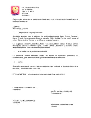 Los Postres de Manchitas
            Nit: 825647896
            Calle 145b 47-10
            8076564
            Bogotá D.C.

Cada uno los asistentes se presentaron dando a conocer todas sus aptitudes y el cargo al
cual querían aspirar.


ACTA 001
Reunión de Apertura

11.    Delegación de cargos y funciones

Se realizo votación para la elección del vicepresidente entre Julián Andrés Ferreira y
Marco Antonio Herrera quedando como ganador Julián Andrés Ferreira con 3 votos, al
señor Marco Antonio Herrera se le delego el cargo de tesorero.

Los cargos de presidente, secretaria, fiscal y voceros quedaron a cargo de Laura Daniela
Bohórquez, Jessica Fernanda López, Andrés Camilo Castiblanco y Sandra carolina
Hernández junto a Juan Sebastián respectivamente

12.    Adecuación del reglamento empresarial

La secretaria, Jessica Fernanda López, dio lectura al reglamento preparado por
vicepresidente, y se le hicieron unos ajustes en el tema de las sanciones.

13.    Varios

Se analizo y aprobó la compra hornos modernos para optimizar el funcionamiento de la
empresa y la calidad de los productos.


CONVOCATORIA. La próxima reunión se realizara el 8 de abril de 2011.




LAURA DANIELA BOHÓRQUEZ
Presidente
                                                   JULIÁN ANDRÉS FERREIRA
                                                   Vicepresidente



JESSICA FERNANDA LÓPEZ
Secretaria
                                                   MARCO ANTONIO HERRERA
                                                   Tesorero
 