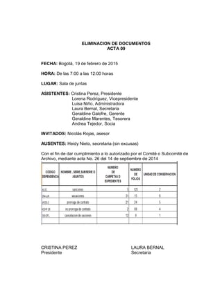 ELIMINACION DE DOCUMENTOS
ACTA 09
FECHA: Bogotá, 19 de febrero de 2015
HORA: De las 7:00 a las 12:00 horas
LUGAR: Sala de juntas
ASISTENTES: Cristina Perez, Presidente
Lorena Rodríguez, Vicepresidente
Luisa Niño, Administradora
Laura Bernal, Secretaria
Geraldine Galofre, Gerente
Geraldine Marentes, Tesorera
Andrea Tejedor, Socia
INVITADOS: Nicolás Rojas, asesor
AUSENTES: Heidy Nieto, secretaria (sin excusas)
Con el fin de dar cumplimiento a lo autorizado por el Comité o Subcomité de
Archivo, mediante acta No. 26 del 14 de septiembre de 2014
CRISTINA PEREZ LAURA BERNAL
Presidente Secretaria
 
