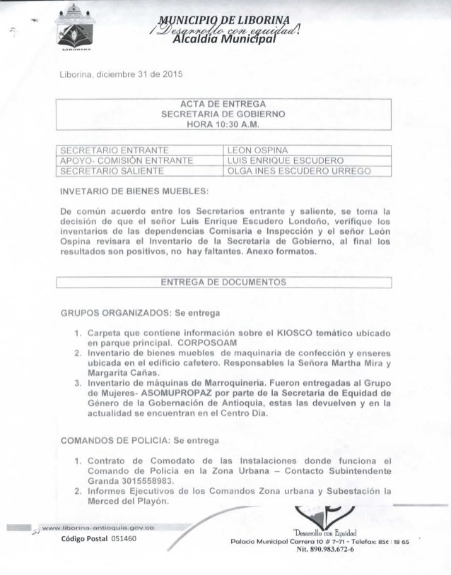 Acta de entrega dotacion actas de entrega administraci 243 