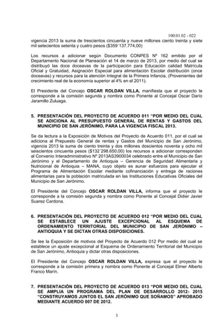 100.01.02 - 022
3
vigencia 2013 la suma de trescientos cincuenta y nueve millones ciento treinta y siete
mil setecientos setenta y cuatro pesos ($359´137.774,00)
Los recursos a adicionar según Documento CONPES Nº 162 emitido por el
Departamento Nacional de Planeación el 14 de marzo de 2013, por medio del cual se
distribuyó las doce doceavas de la participación para Educación calidad Matrícula
Oficial y Gratuidad, Asignación Especial para alimentación Escolar distribución (once
doceavas) y recursos para la atención Integral de la Primera Infancia, (Provenientes del
crecimiento real de la economía superior al 4% en el 2011).
El Presidente del Concejo OSCAR ROLDAN VILLA, manifiesta que el proyecto le
corresponde a la comisión segunda y nombra como Ponente al Concejal Oscar Darío
Jaramillo Zuluaga.
5. PRESENTACIÓN DEL PROYECTO DE ACUERDO 011 “POR MEDIO DEL CUAL
SE ADICIONA AL PRESUPUESTO GENERAL DE RENTAS Y GASTOS DEL
MUNICIPIO DE SAN JERÓNIMO, PARA LA VIGENCIA FISCAL 2013.
Se da lectura a la Exposición de Motivos del Proyecto de Acuerdo 011, por el cual se
adiciona al Prepuesto General de rentas y Gastos del Municipio de San Jerónimo,
vigencia 2013 la suma de ciento treinta y dos millones doscientos noventa y ocho mil
seiscientos cincuenta pesos ($132´298.650,00) los recursos a adicionar corresponden
al Convenio Interadministrativo Nº 2013AS3900034 celebrado entre el Municipio de San
Jerónimo y el Departamento de Antioquia – Gerencia de Seguridad Alimentaria y
Nutricional de Antioquia – MANA, cuyo objeto es aunar esfuerzos para ejecutar el
Programa de Alimentación Escolar mediante cofinanciación y entrega de raciones
alimentarias para la población matriculada en las Instituciones Educativas Oficiales del
Municipio de San Jerónimo.
El Presidente del Concejo OSCAR ROLDAN VILLA, informa que el proyecto le
corresponde a la comisión segunda y nombra como Ponente al Concejal Didier Javier
Suarez Cardona.
6. PRESENTACIÓN DEL PROYECTO DE ACUERDO 012 “POR MEDIO DEL CUAL
SE ESTABLECE UN AJUSTE EXCEPCIONAL AL ESQUEMA DE
ORDENAMIENTO TERRITORIAL DEL MUNICIPIO DE SAN JERÓNIMO –
ANTIOQUIA Y SE DICTAN OTRAS DISPOSICIONES.
Se lee la Exposición de motivos del Proyecto de Acuerdo 012 Por medio del cual se
establece un ajuste excepcional al Esquema de Ordenamiento Territorial del Municipio
de San Jerónimo, Antioquia y dictar otras disposiciones.
El Presidente del Concejo OSCAR ROLDAN VILLA, expresa que el proyecto le
corresponde a la comisión primera y nombra como Ponente al Concejal Elmer Alberto
Franco Marín.
7. PRESENTACIÓN DEL PROYECTO DE ACUERDO 013 “POR MEDIO DEL CUAL
SE AMPLIA UN PROGRAMA DEL PLAN DE DESARROLLO 2012- 2015
“CONSTRUYAMOS JUNTOS EL SAN JERÓNIMO QUE SOÑAMOS” APROBADO
MEDIANTE ACUERDO 007 DE 2012.
 