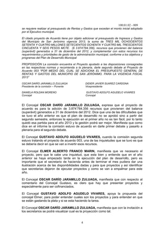 100.01.02 - 009
4
se requiere realizar al presupuesto de Rentas y Gastos que excedan el monto inicial adoptado
por el Ejecutivo municipal.
El citado proyecto de Acuerdo tiene por objeto adicionar al presupuesto de Ingresos y Gastos
del Municipio de San Jerónimo vigencia 2013, la suma de TRES MIL OCHOCIENTOS
SETENTA Y CUATRO MILLONES SETECIENTOS OCHENTA Y CUATRO MIL TRESCIENTOS
CINCUENTA Y SEIS PESOS MCTE. ($ 3.874’784.356), recursos que provienen del balance
(superávit) generados a 31 de diciembre del 2012, y complementar con estos recursos los
requerimientos y prioridades de gasto de la administración municipal, conforme a los objetivos y
programas del Plan de Desarrollo Municipal
PROPOSICIÓN La comisión encuentra el Proyecto ajustado a las disposiciones consagradas
en las respectivas normas y recomienda a la plenaria, darle segundo debate al Proyecto de
Acuerdo 003 “POR MEDIO DEL CUAL SE ADICIONA EL PRESUPUESTO GENERAL DE
RENTAS Y GASTOS DEL MUNICIPIO DE SAN JERÓNIMO, PARA LA VIGENCIA FISCAL
2013”
OSCAR DARÍO JARAMILLO ZULUAGA DIDIER JAVIER SUAREZ CARDONA
Presidente de la comisión – Ponente Vicepresidente
DANIELA ROLDAN MORENO GUSTAVO ADOLFO AGUDELO VIVARES
Concejal Concejal
El Concejal OSCAR DARÍO JARAMILLO ZULUAGA, expresa que el proyecto de
acuerdo es para la adición de 3.874’784.356 recursos que provienen del balance
(superávit) generados a 31 de diciembre del 2012. Dice que una de las dificultades que
se tuvo el año anterior es que el plan de desarrollo no se aprobó sino a partir del
segundo semestre, entonces la ejecución en el primer año no es tan fácil, por lo tanto
quedó esa partida para el año 2013 y la gestión podrá ser mejor. Manifiesta que como
dice en el informe la comisión estuvo de acuerdo en darle primer debate y pasarlo a
plenaria para el segundo debate.
El Concejal GUSTAVO ADOLFO AGUDELO VIVARES, cuando la comisión segunda
estuvo tratando el proyecto de acuerdo 003, una de las inquietudes que se tuvo es que
se debería decir en que se van a invertir esos recursos.
El Concejal ELMER ALBERTO FRANCO MARIN, manifiesta que ve necesario el
proyecto, pero que le cabe una inquietud, que esta bien y entiende que en el año
anterior se haya empezado tarde en la ejecución del plan de desarrollo, pero es
importante que el secretario de hacienda antes de terminar el mes pudiera dar una
ilustración acerca de las disponibilidades dadas y para que proyectos y así identificar
que secretarias dejaron de ejecutar proyectos y como se van a empalmar para este
año.
El Concejal OSCAR DARÍO JARAMILLO ZULUAGA, manifiesta que con respecto al
comentario del Concejal Gustavo, es claro que hay que presentar proyectos y
especialmente para ser cofinanciados.
El Concejal GUSTAVO ADOLFO AGUDELO VIVARES, apoya la propuesta del
concejal Elmer, para poder entender cuales son los proyectos y para entender en que
se están gastando la plata y si se esta haciendo la tarea.
El Concejal OSCAR DARÍO JARAMILLO ZULUAGA, manifiesta que con la invitación a
los secretarios se podrá visualizar cual es la proyección como tal.
 