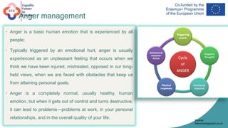 Anger management
• Anger is a basic human emotion that is experienced by all
people;
• Typically triggered by an emotional hurt, anger is usually
experienced as an unpleasant feeling that occurs when we
think we have been injured, mistreated, opposed in our long-
held views, when we are faced with obstacles that keep us
from attaining personal goals;
• Anger is a completely normal, usually healthy, human
emotion, but when it gets out of control and turns destructive,
it can lead to problems—problems at work, in your personal
relationships, and in the overall quality of your life. Source:
thenurturingcoach.co.uk
 