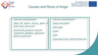 Causes and Roots of Anger
• External events/stressors
- Major life events: moving, death of
loved ones, divorce etc.
- Routine life pressures: financial
constraints, deadlines, arguments,
family concerns etc.
• Internal events/stressors
- Values and beliefs;
- Self-image;
- Goals;
- Faith;
- Expectations from self and others etc.
 