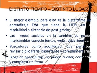 DISTINTO TIEMPO – DISTINTO LUGAR

• El mejor ejemplo para esto es la plataforma de
  aprendizaje EVA que tiene la UTPL en la
  modalidad a distancia de post-grados.
• Las redes sociales en la también se puede
  intercambiar conocimientos, webs, documentos.
• Buscadores como googledocs que permiten
  revisar bibliografía importante y complementaria.
• Blogs de aprendizaje, se puede revisar, comentar
  y compartir un tema.
 