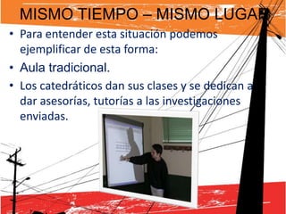 MISMO TIEMPO – MISMO LUGAR
• Para entender esta situación podemos
  ejemplificar de esta forma:
• Aula tradicional.
• Los catedráticos dan sus clases y se dedican a
  dar asesorías, tutorías a las investigaciones
  enviadas.
 