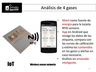 Análisis de 4 gases
• Móvil como fuente de
energía para la tarjeta
RFID sensora.
• App en Android que
recoge los datos de las
etiqueta, compara con
las curvas de calibración
y estima los contenidos
en los gases y alertas en
caso necesario.
• Análisis en envasado
inteligente.
IoT Wireless sensor networks
26
 