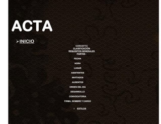 ACTA
INICIO
                  CONCEPTO
                CLASIFICACIÓN
             REQUISITOS GENERALES
                   PARTES :

                 FECHA

                  HORA

                 LUGAR

               ASISTENTES

                INVITADOS

                AUSENTES

              ORDEN DEL DIA

              DESARROLLO

             CONVOCATORIA

          FIRMA, NOMBRE Y CARGO


                    ESTILOS
 