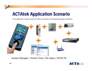10 
ACTAtek Application Scenario 
Time Attendant, Access Control & Video Surveillance with Digital Storage and Search 
Access Manager / Smart Time / ID Video / ACTA-TA 
 