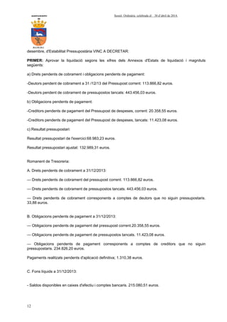 AYUNTAMIENTO Sessió Ordinària celebrada el 30 d’abril de 2014.
DE
ALCALALI
12
desembre, d'Estabilitat Pressupostària VINC A DECRETAR:
PRIMER: Aprovar la liquidació segons les xifres dels Annexos d'Estats de liquidació i magnituts
següents:
a) Drets pendents de cobrament i obligacions pendents de pagament:
-Deutors pendent de cobrament a 31 /12/13 del Pressupost corrent: 113.866,82 euros.
-Deutors pendent de cobrament de pressupostos tancats: 443.456,03 euros.
b) Obligacions pendents de pagament:
-Creditors pendents de pagament del Pressupost de despeses, corrent: 20.358,55 euros.
-Creditors pendents de pagament del Pressupost de despeses, tancats: 11.423,08 euros.
c) Resultat pressupostari:
Resultat pressupostari de l'exercici:68.983,23 euros.
Resultat pressupostari ajustat: 132.989,31 euros.
Romanent de Tresoreria:
A. Drets pendents de cobrament a 31/12/2013:
— Drets pendents de cobrament del pressupost corrent. 113.866,82 euros.
— Drets pendents de cobrament de pressupostos tancats. 443.456,03 euros.
— Drets pendents de cobrament corresponents a comptes de deutors que no siguin pressupostaris.
33,88 euros.
B. Obligacions pendents de pagament a 31/12/2013:
— Obligacions pendents de pagament del pressupost corrent.20.358,55 euros.
— Obligacions pendents de pagament de pressupostos tancats. 11.423,08 euros.
— Obligacions pendents de pagament corresponents a comptes de creditors que no siguin
pressupostaris. 234.826,20 euros.
Pagaments realitzats pendents d'aplicació definitiva; 1.310,38 euros.
C. Fons líquids a 31/12/2013:
- Saldos disponibles en caixes d'efectiu i comptes bancaris. 215.080,51 euros.
 