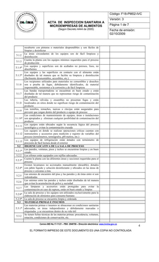 ACTA DE INSPECCION SANITARIA A
MICROEMPRESAS DE ALIMENTOS
(Según Decreto 4444 de 2005)
Código: F18-PM02-IVC
Versión: 3
Página 1 de 7
Fecha de emisión:
02/10/2009
recubierto con pinturas o materiales desprendibles y son fáciles de
limpiar y desinfectar
5.1.2
La áreas circundantes de los equipos son de fácil limpieza y
desinfección
5.1.3
Cuenta la planta con los equipos mínimos requeridos para el proceso
de producción
5.1.4*
Los equipos y superficies son de acabados no porosos, lisos, no
absorbentes
5.1.5*
Los equipos y las superficies en contacto con el alimento están
diseñados de tal manera que se facilite su limpieza y desinfección
(fácilmente desmontables, accesibles, etc.)
5.1.6
Los recipientes utilizados para materiales no comestibles y desechos
son a prueba de fugas, debidamente identificados, de material
impermeable, resistentes a la corrosión y de fácil limpieza
5.1.7
Las bandas transportadoras se encuentran en buen estado y están
diseñadas de tal manera que no representan riesgo de contaminación
del producto
5.1.8
Las tubería, válvulas y ensambles no presentan fugas y están
localizados en sitios donde no significan riesgo de contaminación del
producto
5.1.9
Los tornillos, remaches, tuercas o clavijas están asegurados para
prevenir que caigan dentro del producto o equipo de proceso
5.1.10*
Las condiciones de mantenimiento de equipos, áreas e instalaciones
son apropiados y eliminan cualquier posibilidad de contaminación del
producto
5.1.11
Los equipos están ubicados según la secuencia lógica del proceso
tecnológico y evitan la contaminación cruzada
5.1.12
Los equipos en donde se realizan operaciones críticas cuentan con
instrumentos y accesorios para medición y registro de variables del
proceso (termómetros, termógrafos, pH-metros, etc.)
5.1.13
Los equipos de refrigeración están dotados con termómetro de
precisión de fácil lectura desde el exterior
5.2 HIGIENE LOCATIVA DE LA SALA DE PROCESO
5.2.1*
Las paredes, ventanas, pisos y techos se encuentran limpias y en buen
estado.
5.2.2 Los sifones están equipados con rejillas adecuadas.
5.2.3*
Cuenta la planta con las diferentes áreas y secciones requeridas para el
proceso.
5.2.4*
Existen lavamanos no accionados manualmente (deseable), dotados
con jabón líquido y solución desinfectante y ubicados en las áreas de
proceso o cercanas a ésta.
5.2.5
Las uniones de encuentro del piso y las paredes y de éstas entre sí son
redondeadas
5.2.6
Las uniones entre las paredes y techos están diseñadas de tal manera
que evitan la acumulación de polvo y suciedad
5.2.7
Las lámparas y accesorios están protegidas para evitar la
contaminación en caso de ruptura, están en buen estado y limpias
5.2.8*
La sala de proceso y los equipos son utilizados exclusivamente para la
elaboración de alimentos para consumo humano
5.2.9* La sala de proceso se encuentra limpia y ordenada
5.3 MATERIAS PRIMAS E INSUMOS
5.3.1*
Las materias primas e insumos se almacenan en condiciones sanitarias
adecuadas, en áreas independientes y debidamente marcadas o
etiquetadas y se encuentran dentro de su vida útil
5.3.2
Se tienen fichas técnicas de las materias primas: procedencia, volumen,
rotación, condiciones de conservación, etc.
Carrera 68D No.17-11/21 – PBX: 2948700 – Dirección electrónica: www.invima.gov.co
EL FORMATO IMPRESO DE ESTE DOCUMENTO ES UNA COPIA NO CONTROLADA
4
 