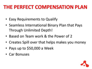 Easy Requirements to Qualify Seamless International Binary Plan that Pays Through Unlimited Depth! Based on Team work & the Power of 2 Creates Spill over that helps makes you money Pays up to $50,000 a Week Car Bonuses  