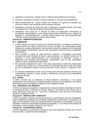 15/18


2. aperfeiçoar e harmonizar a relação entre os Sistemas Sindical/Recursos Humanos;
3. dinamizar, racionalizar e otimizar o processo decisório e, principal e decorrentemente;
4. aditar imediatamente ao Acordo Coletivo de Trabalho em vigência as decisões que
   porventura vierem a ser acordadas entre as partes envolvidas;
5. estabelecer o prazo de 30 (trinta) dias após a celebração do presente Acordo, como data
   de realização da 1ª Reunião da Mesa de Negociação Permanente;
6. estabelecer como pauta da 1ª Reunião da Mesa de Negociação Permanente as
   providências administrativas a serem desenvolvidas pela Companhia para a redução de
   despesas e, contrapartidamente, a parcela desses ganhos que será apropriada para
   melhoria do abono concedido nos termos deste Acordo.
Cláusula 53 DIRIGENTES SINDICAIS
53.1 - LIBERAÇÃO
1. A CBTU liberará, de comum acordo com o Sindicato de Base, os dirigentes sindicais em
    número mínimo de 2 (dois) e máximo de 5 (cinco), por Base, com remuneração, tíquete
    refeição e/ou tíquete alimentação e vale transporte, excluído o pagamento dos adicionais
    (periculosidade, insalubridade, risco de vida, penosidade, quebra de caixa e gratificação
    de apontador).
2. Será concedido a critério de cada organismo ausência a empregados convocados
    exclusivamente pelo Sindicato de Base a qual pertençam, por período máximo de 45
    (quarenta e cinco) dias/homens/mês, com remuneração e benefícios, excluído o
    pagamento dos adicionais (periculosidade, insalubridade, risco de vida, penosidade,
    quebra de caixa e gratificação de apontador).
3. Na concessão estabelecida no item 2 não serão descontados os adicionais relacionados
    no referido item, desde que o número de dias não ultrapasse três dias no mês. Nos casos
    em que o afastamento exceder o limite de três dias no mês, aplica-se o disposto no item
    2.
4. A concessão estabelecida no item 2 será utilizada pelo Sindicato de Base conforme suas
    conveniências, devendo o mesmo solicitar o afastamento, por escrito, com antecedência
    mínima de 48 horas.
53.2 - FÉRIAS
A CBTU concorda que os Sindicatos de Base elaborem, anualmente, e nos prazos
estabelecidos nas instruções da Companhia escala de férias de seus dirigentes, com licença
remunerada, para fins de registro e pagamento das vantagens devidas.
53.3 - CREDENCIAL DE TRÂNSITO
A CBTU concederá aos dirigentes e representantes sindicais mediante requisição da diretoria
do Sindicato de Base, credencial de trânsito, pessoal e intransferível com destino certo e
prazo determinado, para uso nos seus trens, automotrizes, autos de linha e locomotivas
escoteiras, observado o RGO.
Cláusula 54 DÉBITOS COM O SINDICATO
A CBTU consultará o Sindicato quando da dispensa ou aposentadoria dos seus empregados
sobre a existência de débitos junto à entidade, obrigando-se a descontá-los na rescisão ou no
saldo da remuneração, desde que exista documento autorizativo do empregado e que seja
obedecido o limite de compensação de débitos equivalentes a 1 (um) mês de remuneração do
empregado, conforme dispõe o Artigo 477, § 5º da CLT.
Cláusula 55 CONTRIBUIÇÃO SOCIAL
A CBTU depositará as contribuições devidas em favor dos Sindicatos de Base até 5 (cinco)
dias úteis após o pagamento dos empregados.


                                                                             ACT 2003/2004
 