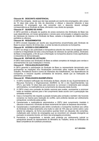 16/18


Cláusula 56 DESCONTO ASSISTENCIAL
A CBTU fica obrigada, desde que não haja oposição por escrito dos empregados, até o prazo
de 10 (dez) dias antes do mês de descontos, a efetuar o desconto referente à taxa
assistencial. O empregado que não concordar com o desconto deverá entregar
correspondência ao Sindicato de Base, afirmando o seu direito de oposição.
Cláusula 57 QUADRO DE AVISO
A CBTU permitirá a afixação de quadros de avisos exclusivos dos Sindicatos de Base nas
suas dependências, em locais apropriados e visíveis para comunicação à categoria assuntos
de interesses da mesma e do Sindicato de Base, vedada a divulgação de matéria político-
partidária ou ofensiva.
Cláusula 58 REQUERIMENTOS
A CBTU enviará respostas por escrito aos requerimentos encaminhados pelo Sindicato de
Base no prazo máximo 30 (trinta) dias, a contar da data do protocolo na Companhia.
Cláusula 59 ACESSO A DOCUMENTOS
A CBTU se obriga a dar publicidade e transparência através dos meios de divulgação interna
e externa à integralidade de toda a documentação de interesse da opinião pública, Sindicatos
de Base e empregados, a fim de que a informação na Companhia alcance níveis significativos
e crescentes de democratização.
Cláusula 60 EDITAIS DE LICITAÇÃO
A CBTU dará acesso aos Sindicatos de Base os editais completos de licitação para vendas e
arrendamentos de suas instalações e imóveis.
Cláusula 61 FISCALIZAÇÃO/AUDITORIA
A CBTU garantirá a participação do Sindicato de Base ou representante denominado para
acompanhar as inspeções e/ou fiscalizações promovidas pelos órgãos do Ministério do
Trabalho, Previdência Social e outros de interesses dos trabalhadores, nas dependências da
Companhia, e inclusive aqueles contratados de terceiros, desde que as instituições de
pertinência concordem.
Cláusula 62 PENALIDADES-INADIMPLÊNCIA
1. A CBTU receberá notificação dos Sindicatos de Base, através de seu Superintendente de
   Recursos Humanos e Organizacionais (SUREH) na AC e dos Superintendentes nas
   STU’s, que terão 10 (dez) dias para solucionar ou convocar o reclamante para solução
   administrativa, na inadimplência ao cumprimento de cláusulas deste Acordo.
2. A CBTU criará uma comissão de âmbito nacional para avaliar, acompanhar e promover
   todas as medidas cabíveis para o fiel cumprimento deste acordo com a participação das
   entidades sindicais.
3. Caso a Companhia não respeite a posição tomada pela comissão e também não havendo
   consenso na mesma para resolução do conflito, será proferida decisão por arbitramento
   extrajudicial, constituída pelas partes.
4. Caracterizada a inadimplência administrativa a CBTU dará cumprimento imediato à
   cláusula e ressarcirá o Sindicato de Base reclamante de todas as despesas decorrentes.
5. Caracterizada a inadimplência pelo árbitro constituído a Companhia recolherá aos cofres
   do Sindicato de Base reclamante uma multa no valor de 10% (dez por cento) sobre o piso
   salarial da categoria, de forma acumulativa quantas forem as cláusulas não cumpridas,
   multiplicado pelo número de empregados que se encontrem em situação divergente ao
   pactuado no presente Acordo, em favor dos empregados envolvidos.
6. Persistindo a irregularidade, a decisão será proferida por arbitramento judicial ou
   extrajudicial através do representante do Ministério do Trabalho, tendo os Sindicatos de
   Base competência de substituto processual.


                                                                           ACT 2003/2004
 