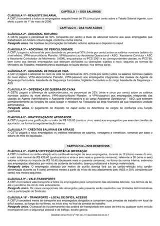 CAPÍTULO I – DOS SALÁRIOS
CLÁUSULA 1ª - REAJUSTE SALARIAL
A CBTU concederá a todos os empregados reajuste linear de 5% (cinco) por cento sobre a Tabela Salarial vigente, com
efeito a partir de 1º de maio de 2006.

                                           CAPÍTULO II – DAS VANTAGENS

CLÁUSULA 2ª - ADICIONAL NOTURNO
A CBTU pagará o percentual de 50% (cinqüenta por cento) a titulo de adicional noturno aos seus empregados que
trabalharem em horário noturno legal, conforme norma interna.
Parágrafo único. Na hipótese de prorrogação do trabalho noturno aplica-se o disposto no caput.

CLÁUSULA 3ª – ADICIONAL DE PERICULOSIDADE
A CBTU pagará o adicional de periculosidade no percentual 30% (trinta por cento) sobre os salários nominais (salário do
nível efetivo, VPNI-abono/Abono Plansfer, VPNI-passivo) ao Assistente Operacional - ASO, Assistente Condutor - ASC
e Assistente Controlador de Movimento (ASM), enquadrados no PCS 2001 e as correspondentes classes, no PCS 90,
bem como aos demais empregados que exerçam atividades ou operações sujeitas a risco, segundo as normas do
Ministério do Trabalho, mediante prévia expedição de laudo técnico, nos termos da lei.

CLÁUSULA 4ª - ADICIONAL DE RISCO DE VIDA
A CBTU pagará o adicional de risco de vida no percentual de 30% (trinta por cento) sobre os salários nominais (salário
do nível efetivo, VPNI-abono/Abono Plansfer, VPNI-passivo) aos empregados integrantes das classes de Agente de
Segurança Ferroviária, Assistente de Segurança Ferroviária, Vigilante Ferroviário e do cargo Assistente de Segurança –
ASS.

CLÁUSULA 5ª – DIFERENÇA DE QUEBRA-DE-CAIXA
A CBTU pagará a diferença de quebra-de-caixa, no percentual de 25% (vinte e cinco por cento) sobre os salários
nominais (salário do nível efetivo, VPNI-abono/Abono Plansfer e VPNI-passivo) aos empregados integrantes das
classes de Agente Administrativo e Assistente Administrativo e do cargo Assistente Operacional – ASO, que exercem
permanentemente as funções de caixa (pagar e receber) na Tesouraria da área financeira da sua respectiva unidade
administrativa.
Parágrafo único. O pagamento do disposto no caput exclui os detentores de cargos de confiança e/ou função
gratificada.

CLÁUSULA 6ª - GRATIFICAÇÃO DE APONTADOR
A CBTU pagará uma gratificação no valor de R$ 105,00 (cento e cinco reais) aos empregados que executam tarefas de
apontador, na forma da regulamentação interna.

CLÁUSULA 7ª - CRÉDITOS SALARIAIS EM ATRASO
A CBTU pagará a seus empregados os créditos retroativos de salários, vantagens e benefícios, tomando por base o
salário do mês de liquidação.


                                                 CAPÍTULO III – DOS BENEFÍCIOS
CLÁUSULA 8ª - CARTÃO REFEIÇÃO/CARTÃO ALIMENTAÇÃO
A CBTU creditará no cartão-refeição e/ou cartão-alimentação de seus empregados, durante os 12 (doze) meses do ano,
o valor total mensal de R$ 426,40 (quatrocentos e vinte e seis reais e quarenta centavos), referente a 26 (vinte e seis)
valores unitários no importe de R$ 16,40 (dezesseis reais e quarenta centavos), na forma da norma interna, extensivo
aos empregados afastados por motivo de acidente de trabalho, doença profissional e licença maternidade.
Parágrafo único. O empregado afastado por motivo de auxílio doença fará jus ao cartão-refeição e/ou cartão-
alimentação durante os 6 (seis) primeiros meses a partir do início do seu afastamento pelo INSS e 50% (cinqüenta por
cento) nos meses seguintes.

CLÁUSULA 9ª – VALE-TRANSPORTE
A CBTU concederá vale-transporte a todos os empregados para cumprimento das atividades laborais, nos termos da lei,
até o penúltimo dia útil do mês antecedente.
Parágrafo único. Os casos excepcionais não abrangidos pela presente serão resolvidos nas Unidades Administrativas
com a participação do Sindicato.

CLÁUSULA 10ª - TRANSPORTE – LOCAL DE DIFÍCIL ACESSO
A CBTU concederá meios de transporte aos empregados obrigados a cumprirem suas jornadas de trabalho em local de
difícil acesso, ao longo da via férrea, no início e/ou no final da jornada de trabalho.
Parágrafo único. O pessoal de via permanente não poderá ser transportado em autos de linha ou qualquer outro veículo
incompatível com a segurança pessoal e de tráfego, exceto geovia.
                                                       0
                                   DISSÍDIO COLETIVO N TST-DC-172.842/2006.000.00.00.7
 