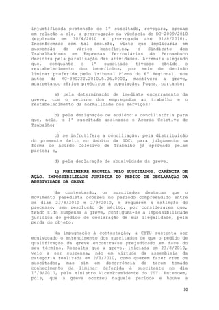 injustificada pretensão do 1º suscitado, revogara, apenas
em relação a ele, a prorrogação da vigência do DC-2009/2010
(expirada em 30/4/2010 e prorrogada até 31/8/2010).
Inconformado com tal decisão, visto que implicaria em
suspensão   de   vários   benefícios,   o   Sindicato   dos
Trabalhadores em Empresas Ferroviárias de Pernambuco
decidira pela paralisação das atividades. Arremata alegando
que,   conquanto   o   1º  suscitado   tivesse   obtido    o
restabelecimento dos benefícios, por meio de decisão
liminar proferida pelo Tribunal Pleno do 6º Regional, nos
autos da MC-390222.2010.5.06.0000, mantivera a greve,
acarretando sérios prejuízos à população. Pugna, portanto:

         a) pela determinação de imediato encerramento da
greve, com o retorno dos empregados ao trabalho e o
restabelecimento da normalidade dos serviços;

         b) pela designação de audiência conciliatória para
que, nela, o 1º suscitado assinasse o Acordo Coletivo de
Trabalho;

         c) se infrutífera a conciliação, pela distribuição
do presente feito no âmbito da SDC, para julgamento na
forma do Acordo Coletivo de Trabalho já aprovado pelas
partes; e,

        d) pela declaração de abusividade da greve.

         1) PRELIMINAR ARGUIDA PELO SUSCITADOS. CARÊNCIA DE
AÇÃO. IMPOSSIBILIDADE JURÍDICA DO PEDIDO DE DECLARAÇÃO DA
ABUSIVIDADE DA GREVE

         Na contestação, os suscitados destacam que o
movimento paredista ocorreu no período compreendido entre
os dias 23/8/2010 e 2/9/2010, e requerem a extinção do
processo, sem resolução de mérito, por considerarem que,
tendo sido suspensa a greve, configura-se a impossibilidade
jurídica do pedido de declaração de sua ilegalidade, pela
perda do objeto.

         Na impugnação à contestação, a CBTU sustenta ser
equivocado o entendimento dos suscitados de que o pedido de
qualificação da greve encontra-se prejudicado em face do
seu término. Ressalta que a greve, iniciada em 23/8/2010,
veio a ser suspensa, não em virtude da assembleia da
categoria realizada em 2/9/2010, como querem fazer crer os
suscitados, mas sim em decorrência de terem tomado
conhecimento da liminar deferida à suscitante no dia
1º/9/2010, pelo Ministro Vice-Presidente do TST. Entendem,
pois, que a greve ocorreu naquele período e houve a

                                                          10
 