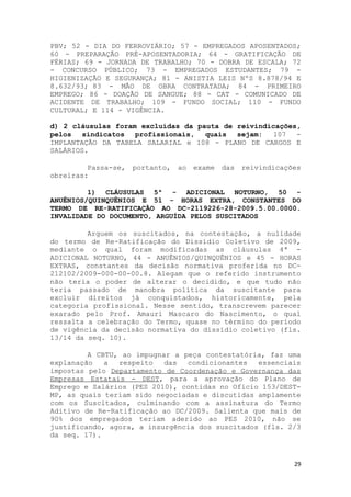 PBV; 52 - DIA DO FERROVIÁRIO; 57 - EMPREGADOS APOSENTADOS;
60 - PREPARAÇÃO PRÉ-APOSENTADORIA; 64 - GRATIFICAÇÃO DE
FÉRIAS; 69 - JORNADA DE TRABALHO; 70 - DOBRA DE ESCALA; 72
- CONCURSO PÚBLICO; 73 - EMPREGADOS ESTUDANTES; 79 -
HIGIENIZAÇÃO E SEGURANÇA; 81 - ANISTIA LEIS NºS 8.878/94 E
8.632/93; 83 - MÃO DE OBRA CONTRATADA; 84 - PRIMEIRO
EMPREGO; 86 - DOAÇÃO DE SANGUE; 88 - CAT - COMUNICADO DE
ACIDENTE DE TRABALHO; 109 - FUNDO SOCIAL; 110 - FUNDO
CULTURAL; E 114 - VIGÊNCIA.

d) 2 cláusulas foram excluídas da pauta de reivindicações,
pelos sindicatos profissionais, quais sejam:        107  -
IMPLANTAÇÃO DA TABELA SALARIAL e 108 - PLANO DE CARGOS E
SALÁRIOS.

         Passa-se, portanto, ao exame das reivindicações
obreiras:

         1) CLÁUSULAS 5ª - ADICIONAL NOTURNO, 50 -
ANUÊNIOS/QUINQUÊNIOS E 51 - HORAS EXTRA, CONSTANTES DO
TERMO DE RE-RATIFICAÇÃO AO DC-2119226-28-2009.5.00.0000.
INVALIDADE DO DOCUMENTO, ARGUÍDA PELOS SUSCITADOS

         Arguem os suscitados, na contestação, a nulidade
do termo de Re-Ratificação do Dissídio Coletivo de 2009,
mediante o qual foram modificadas as cláusulas 4ª -
ADICIONAL NOTURNO, 44 - ANUÊNIOS/QUINQUÊNIOS e 45 - HORAS
EXTRAS, constantes da decisão normativa proferida no DC-
212102/2009-000-00-00.8. Alegam que o referido instrumento
não teria o poder de alterar o decidido, e que tudo não
teria passado de manobra política da suscitante para
excluir direitos já conquistados, historicamente, pela
categoria profissional. Nesse sentido, transcrevem parecer
exarado pelo Prof. Amauri Mascaro do Nascimento, o qual
ressalta a celebração do Termo, quase no término do período
de vigência da decisão normativa do dissídio coletivo (fls.
13/14 da seq. 10).

         A CBTU, ao impugnar a peça contestatória, faz uma
explanação   a  respeito   das  condicionantes   essenciais
impostas pelo Departamento de Coordenação e Governança das
Empresas Estatais - DEST, para a aprovação do Plano de
Emprego e Salários (PES 2010), contidas no Oficio 153/DEST-
MP, as quais teriam sido negociadas e discutidas amplamente
com os Suscitados, culminando com a assinatura do Termo
Aditivo de Re-Ratificação ao DC/2009. Salienta que mais de
90% dos empregados teriam aderido ao PES 2010, não se
justificando, agora, a insurgência dos suscitados (fls. 2/3
da seq. 17).



                                                         29
 