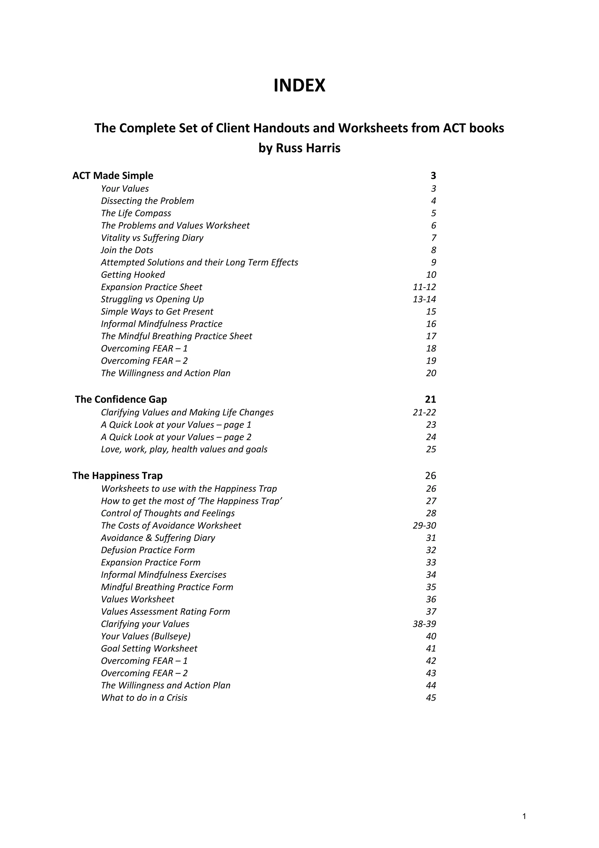 Complete Set of Client Handouts and Worksheets from ACT books | PDF
