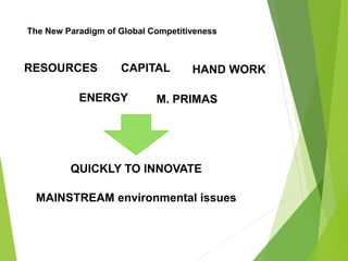 The New Paradigm of Global Competitiveness
RESOURCES CAPITAL HAND WORK
ENERGY M. PRIMAS
QUICKLY TO INNOVATE
MAINSTREAM environmental issues
 