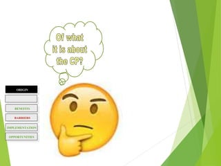 ORIGIN
BENEFITS
BARRIERS
DEFINITION
OPPORTUNITIES
IMPLEMENTATION
 