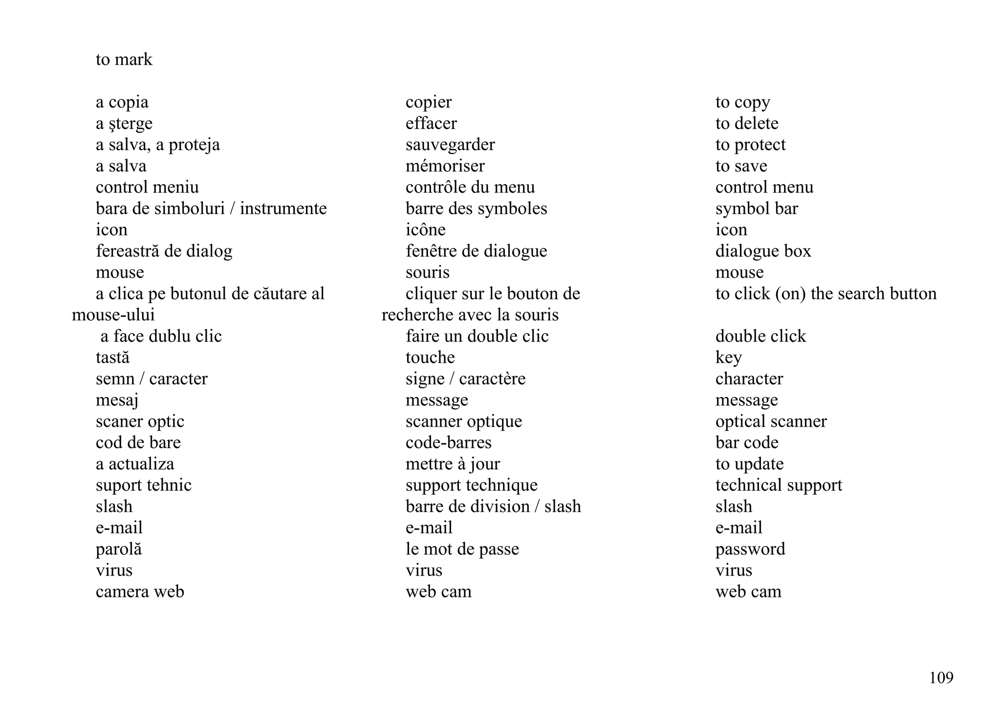 to mark

  a copia                               copier                      to copy
  a şterge                              effacer                     to delete
  a salva, a proteja                    sauvegarder                 to protect
  a salva                               mémoriser                   to save
  control meniu                         contrôle du menu            control menu
  bara de simboluri / instrumente       barre des symboles          symbol bar
  icon                                  icône                       icon
  fereastră de dialog                   fenêtre de dialogue         dialogue box
  mouse                                 souris                      mouse
  a clica pe butonul de căutare al      cliquer sur le bouton de    to click (on) the search button
mouse-ului                           recherche avec la souris
   a face dublu clic                    faire un double clic        double click
  tastă                                 touche                      key
  semn / caracter                       signe / caractère           character
  mesaj                                 message                     message
  scaner optic                          scanner optique             optical scanner
  cod de bare                           code-barres                 bar code
  a actualiza                           mettre à jour               to update
  suport tehnic                         support technique           technical support
  slash                                 barre de division / slash   slash
  e-mail                                e-mail                      e-mail
  parolă                                le mot de passe             password
  virus                                 virus                       virus
  camera web                            web cam                     web cam



                                                                                                 109
 