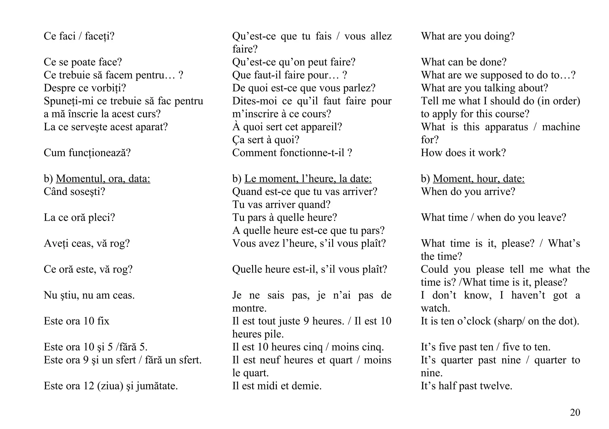 Ce faci / faceţi?                         Qu’est-ce que tu fais / vous allez        What are you doing?
                                          faire?
Ce se poate face?                         Qu’est-ce qu’on peut faire?               What can be done?
Ce trebuie să facem pentru… ?             Que faut-il faire pour… ?                 What are we supposed to do to…?
Despre ce vorbiţi?                        De quoi est-ce que vous parlez?           What are you talking about?
Spuneţi-mi ce trebuie să fac pentru       Dites-moi ce qu’il faut faire pour        Tell me what I should do (in order)
a mă înscrie la acest curs?               m’inscrire à ce cours?                    to apply for this course?
La ce serveşte acest aparat?              À quoi sert cet appareil?                 What is this apparatus / machine
                                          Ça sert à quoi?                           for?
Cum funcţionează?                         Comment fonctionne-t-il ?                 How does it work?

b) Momentul, ora, data:                   b) Le moment, l’heure, la date:           b) Moment, hour, date:
Când soseşti?                             Quand est-ce que tu vas arriver?          When do you arrive?
                                          Tu vas arriver quand?
La ce oră pleci?                          Tu pars à quelle heure?                   What time / when do you leave?
                                          A quelle heure est-ce que tu pars?
Aveţi ceas, vă rog?                       Vous avez l’heure, s’il vous plaît?       What time is it, please? / What’s
                                                                                    the time?
Ce oră este, vă rog?                      Quelle heure est-il, s’il vous plaît?     Could you please tell me what the
                                                                                    time is? /What time is it, please?
Nu ştiu, nu am ceas.                      Je ne sais pas, je n’ai pas de            I don’t know, I haven’t got a
                                          montre.                                   watch.
Este ora 10 fix                           Il est tout juste 9 heures. / Il est 10   It is ten o’clock (sharp/ on the dot).
                                          heures pile.
Este ora 10 şi 5 /fără 5.                 Il est 10 heures cinq / moins cinq.       It’s five past ten / five to ten.
Este ora 9 şi un sfert / fără un sfert.   Il est neuf heures et quart / moins       It’s quarter past nine / quarter to
                                          le quart.                                 nine.
Este ora 12 (ziua) şi jumătate.           Il est midi et demie.                     It’s half past twelve.

                                                                                                                     20
 