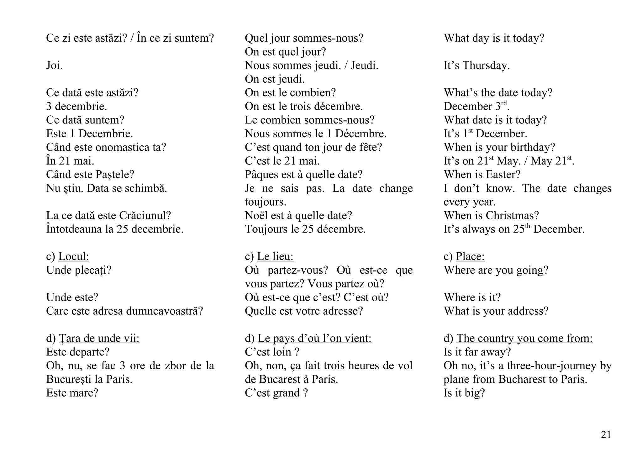 Ce zi este astăzi? / În ce zi suntem?   Quel jour sommes-nous?                 What day is it today?
                                        On est quel jour?
Joi.                                    Nous sommes jeudi. / Jeudi.            It’s Thursday.
                                        On est jeudi.
Ce dată este astăzi?                    On est le combien?                     What’s the date today?
3 decembrie.                            On est le trois décembre.              December 3rd.
Ce dată suntem?                         Le combien sommes-nous?                What date is it today?
Este 1 Decembrie.                       Nous sommes le 1 Décembre.             It’s 1st December.
Când este onomastica ta?                C’est quand ton jour de fête?          When is your birthday?
În 21 mai.                              C’est le 21 mai.                       It’s on 21st May. / May 21st.
Când este Paştele?                      Pâques est à quelle date?              When is Easter?
Nu ştiu. Data se schimbă.               Je ne sais pas. La date change         I don’t know. The date changes
                                        toujours.                              every year.
La ce dată este Crăciunul?              Noël est à quelle date?                When is Christmas?
Întotdeauna la 25 decembrie.            Toujours le 25 décembre.               It’s always on 25th December.

c) Locul:                               c) Le lieu:                            c) Place:
Unde plecaţi?                           Où partez-vous? Où est-ce que          Where are you going?
                                        vous partez? Vous partez où?
Unde este?                              Où est-ce que c’est? C’est où?         Where is it?
Care este adresa dumneavoastră?         Quelle est votre adresse?              What is your address?

d) Ţara de unde vii:                    d) Le pays d’où l’on vient:            d) The country you come from:
Este departe?                           C’est loin ?                           Is it far away?
Oh, nu, se fac 3 ore de zbor de la      Oh, non, ça fait trois heures de vol   Oh no, it’s a three-hour-journey by
Bucureşti la Paris.                     de Bucarest à Paris.                   plane from Bucharest to Paris.
Este mare?                              C’est grand ?                          Is it big?


                                                                                                               21
 