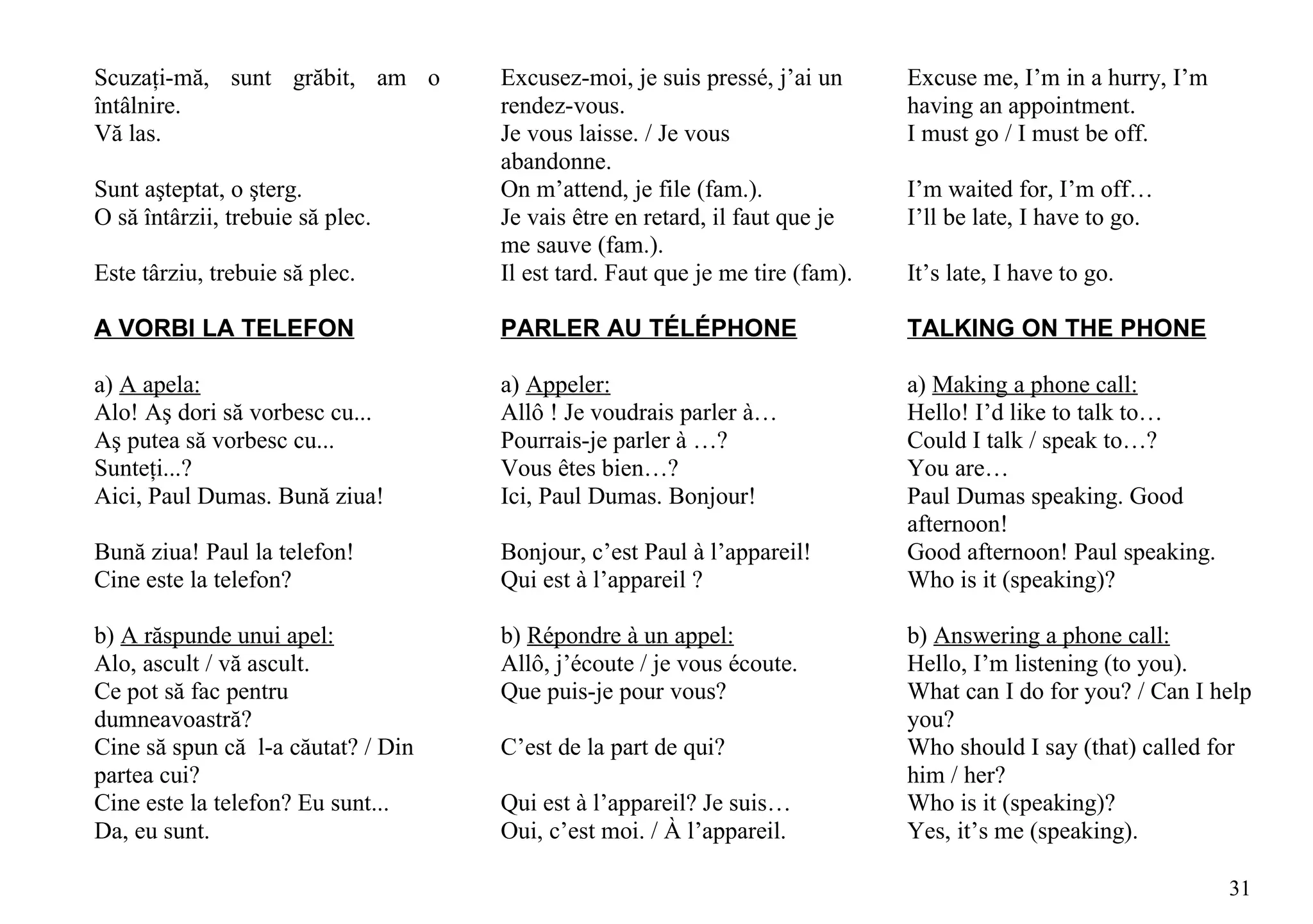 Scuzaţi-mă, sunt grăbit, am o       Excusez-moi, je suis pressé, j’ai un      Excuse me, I’m in a hurry, I’m
întâlnire.                          rendez-vous.                              having an appointment.
Vă las.                             Je vous laisse. / Je vous                 I must go / I must be off.
                                    abandonne.
Sunt aşteptat, o şterg.             On m’attend, je file (fam.).              I’m waited for, I’m off…
O să întârzii, trebuie să plec.     Je vais être en retard, il faut que je    I’ll be late, I have to go.
                                    me sauve (fam.).
Este târziu, trebuie să plec.       Il est tard. Faut que je me tire (fam).   It’s late, I have to go.

A VORBI LA TELEFON                  PARLER AU TÉLÉPHONE                       TALKING ON THE PHONE

a) A apela:                         a) Appeler:                               a) Making a phone call:
Alo! Aş dori să vorbesc cu...       Allô ! Je voudrais parler à…              Hello! I’d like to talk to…
Aş putea să vorbesc cu...           Pourrais-je parler à …?                   Could I talk / speak to…?
Sunteţi...?                         Vous êtes bien…?                          You are…
Aici, Paul Dumas. Bună ziua!        Ici, Paul Dumas. Bonjour!                 Paul Dumas speaking. Good
                                                                              afternoon!
Bună ziua! Paul la telefon!         Bonjour, c’est Paul à l’appareil!         Good afternoon! Paul speaking.
Cine este la telefon?               Qui est à l’appareil ?                    Who is it (speaking)?

b) A răspunde unui apel:            b) Répondre à un appel:                   b) Answering a phone call:
Alo, ascult / vă ascult.            Allô, j’écoute / je vous écoute.          Hello, I’m listening (to you).
Ce pot să fac pentru                Que puis-je pour vous?                    What can I do for you? / Can I help
dumneavoastră?                                                                you?
Cine să spun că l-a căutat? / Din   C’est de la part de qui?                  Who should I say (that) called for
partea cui?                                                                   him / her?
Cine este la telefon? Eu sunt...    Qui est à l’appareil? Je suis…            Who is it (speaking)?
Da, eu sunt.                        Oui, c’est moi. / À l’appareil.           Yes, it’s me (speaking).

                                                                                                               31
 