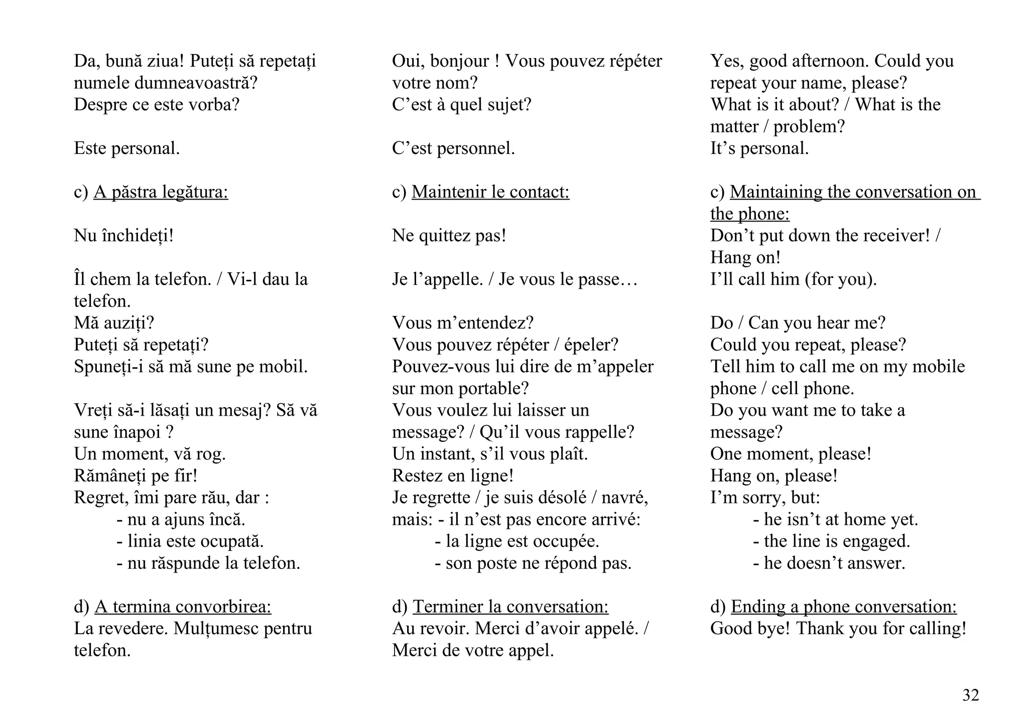 Da, bună ziua! Puteţi să repetaţi   Oui, bonjour ! Vous pouvez répéter      Yes, good afternoon. Could you
numele dumneavoastră?               votre nom?                              repeat your name, please?
Despre ce este vorba?               C’est à quel sujet?                     What is it about? / What is the
                                                                            matter / problem?
Este personal.                      C’est personnel.                        It’s personal.

c) A păstra legătura:               c) Maintenir le contact:                c) Maintaining the conversation on
                                                                            the phone:
Nu închideţi!                       Ne quittez pas!                         Don’t put down the receiver! /
                                                                            Hang on!
Îl chem la telefon. / Vi-l dau la   Je l’appelle. / Je vous le passe…       I’ll call him (for you).
telefon.
Mă auziţi?                          Vous m’entendez?                        Do / Can you hear me?
Puteţi să repetaţi?                 Vous pouvez répéter / épeler?           Could you repeat, please?
Spuneţi-i să mă sune pe mobil.      Pouvez-vous lui dire de m’appeler       Tell him to call me on my mobile
                                    sur mon portable?                       phone / cell phone.
Vreţi să-i lăsaţi un mesaj? Să vă   Vous voulez lui laisser un              Do you want me to take a
sune înapoi ?                       message? / Qu’il vous rappelle?         message?
Un moment, vă rog.                  Un instant, s’il vous plaît.            One moment, please!
Rămâneţi pe fir!                    Restez en ligne!                        Hang on, please!
Regret, îmi pare rău, dar :         Je regrette / je suis désolé / navré,   I’m sorry, but:
      - nu a ajuns încă.            mais: - il n’est pas encore arrivé:           - he isn’t at home yet.
      - linia este ocupată.               - la ligne est occupée.                 - the line is engaged.
      - nu răspunde la telefon.           - son poste ne répond pas.              - he doesn’t answer.

d) A termina convorbirea:           d) Terminer la conversation:            d) Ending a phone conversation:
La revedere. Mulţumesc pentru       Au revoir. Merci d’avoir appelé. /      Good bye! Thank you for calling!
telefon.                            Merci de votre appel.

                                                                                                              32
 