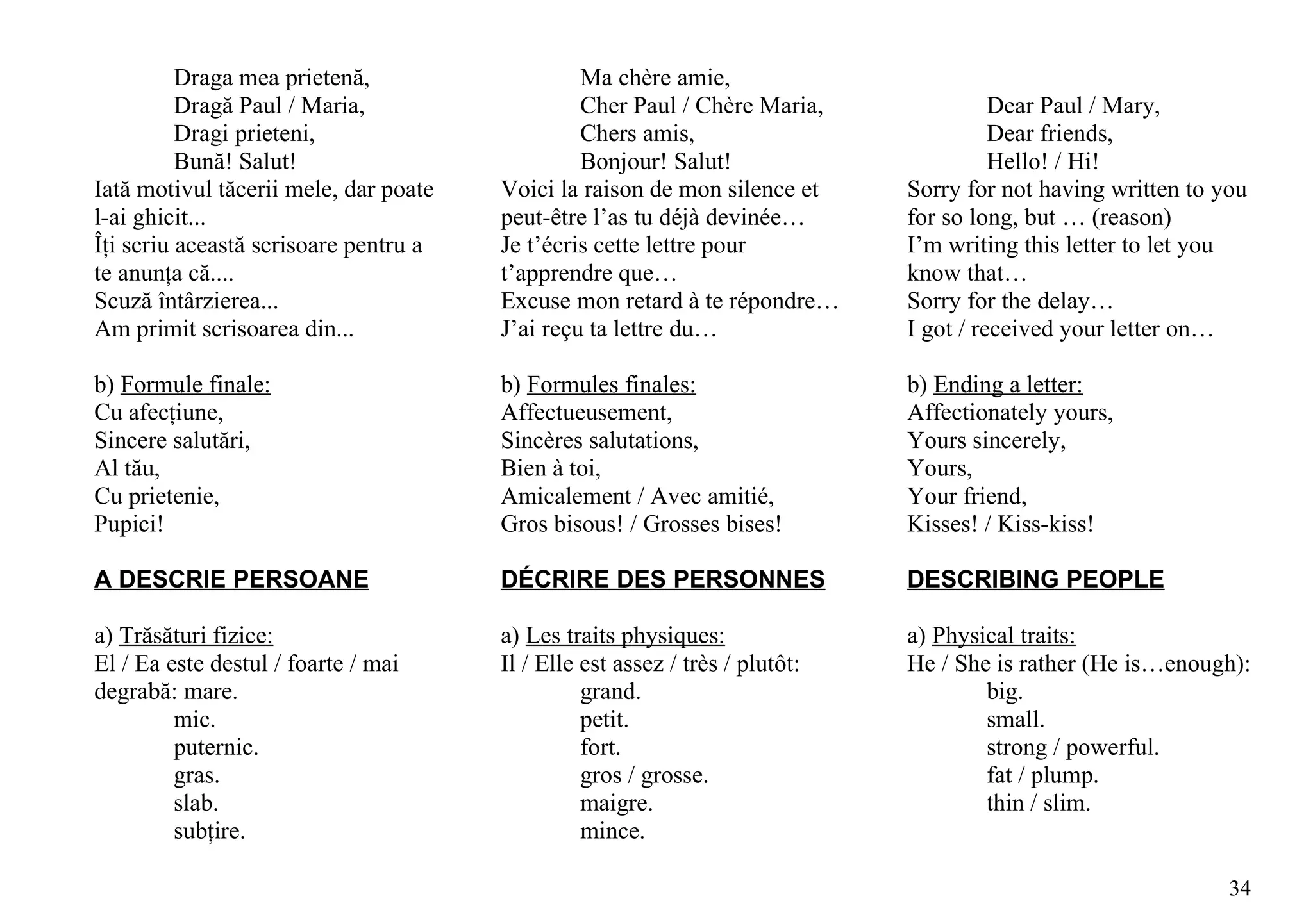 Draga mea prietenă,                   Ma chère amie,
          Dragă Paul / Maria,                   Cher Paul / Chère Maria,                Dear Paul / Mary,
          Dragi prieteni,                       Chers amis,                             Dear friends,
          Bună! Salut!                          Bonjour! Salut!                         Hello! / Hi!
Iată motivul tăcerii mele, dar poate   Voici la raison de mon silence et      Sorry for not having written to you
l-ai ghicit...                         peut-être l’as tu déjà devinée…        for so long, but … (reason)
Îţi scriu această scrisoare pentru a   Je t’écris cette lettre pour           I’m writing this letter to let you
te anunţa că....                       t’apprendre que…                       know that…
Scuză întârzierea...                   Excuse mon retard à te répondre…       Sorry for the delay…
Am primit scrisoarea din...            J’ai reçu ta lettre du…                I got / received your letter on…

b) Formule finale:                     b) Formules finales:                   b) Ending a letter:
Cu afecţiune,                          Affectueusement,                       Affectionately yours,
Sincere salutări,                      Sincères salutations,                  Yours sincerely,
Al tău,                                Bien à toi,                            Yours,
Cu prietenie,                          Amicalement / Avec amitié,             Your friend,
Pupici!                                Gros bisous! / Grosses bises!          Kisses! / Kiss-kiss!

A DESCRIE PERSOANE                     DÉCRIRE DES PERSONNES                  DESCRIBING PEOPLE

a) Trăsături fizice:                   a) Les traits physiques:               a) Physical traits:
El / Ea este destul / foarte / mai     Il / Elle est assez / très / plutôt:   He / She is rather (He is…enough):
degrabă: mare.                                   grand.                               big.
         mic.                                    petit.                               small.
         puternic.                               fort.                                strong / powerful.
         gras.                                   gros / grosse.                       fat / plump.
         slab.                                   maigre.                              thin / slim.
         subţire.                                mince.

                                                                                                               34
 