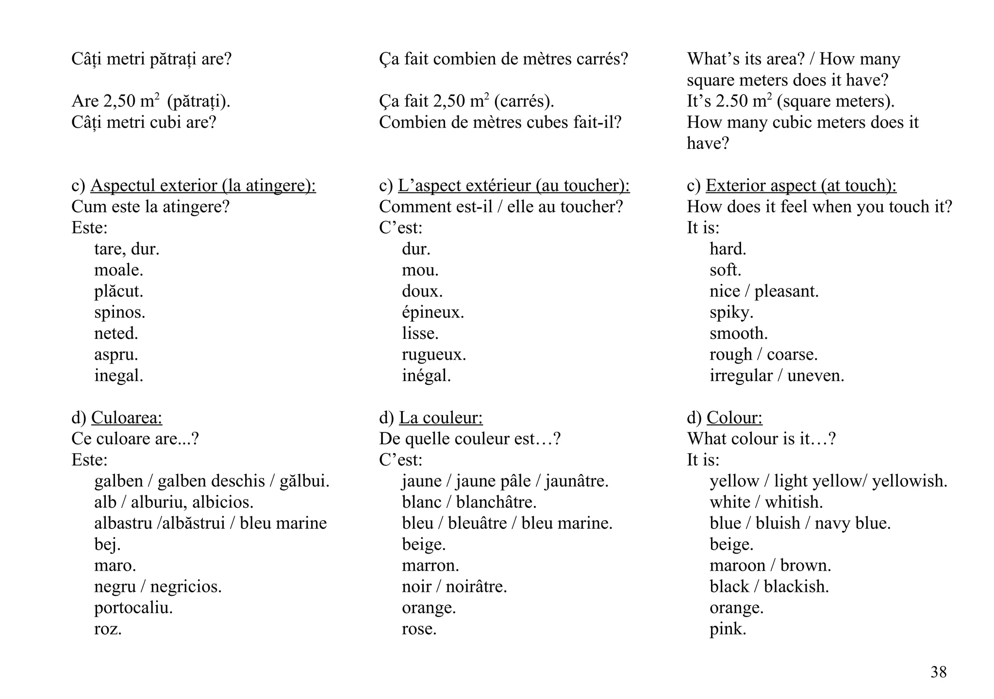 Câţi metri pătraţi are?                Ça fait combien de mètres carrés?     What’s its area? / How many
                                                                             square meters does it have?
Are 2,50 m2 (pătraţi).                 Ça fait 2,50 m2 (carrés).             It’s 2.50 m2 (square meters).
Câţi metri cubi are?                   Combien de mètres cubes fait-il?      How many cubic meters does it
                                                                             have?

c) Aspectul exterior (la atingere):    c) L’aspect extérieur (au toucher):   c) Exterior aspect (at touch):
Cum este la atingere?                  Comment est-il / elle au toucher?     How does it feel when you touch it?
Este:                                  C’est:                                It is:
   tare, dur.                             dur.                                   hard.
   moale.                                 mou.                                   soft.
   plăcut.                                doux.                                  nice / pleasant.
   spinos.                                épineux.                               spiky.
   neted.                                 lisse.                                 smooth.
   aspru.                                 rugueux.                               rough / coarse.
   inegal.                                inégal.                                irregular / uneven.

d) Culoarea:                           d) La couleur:                        d) Colour:
Ce culoare are...?                     De quelle couleur est…?               What colour is it…?
Este:                                  C’est:                                It is:
   galben / galben deschis / gălbui.      jaune / jaune pâle / jaunâtre.         yellow / light yellow/ yellowish.
   alb / alburiu, albicios.               blanc / blanchâtre.                    white / whitish.
   albastru /albăstrui / bleu marine      bleu / bleuâtre / bleu marine.         blue / bluish / navy blue.
   bej.                                   beige.                                 beige.
   maro.                                  marron.                                maroon / brown.
   negru / negricios.                     noir / noirâtre.                       black / blackish.
   portocaliu.                            orange.                                orange.
   roz.                                   rose.                                  pink.

                                                                                                               38
 
