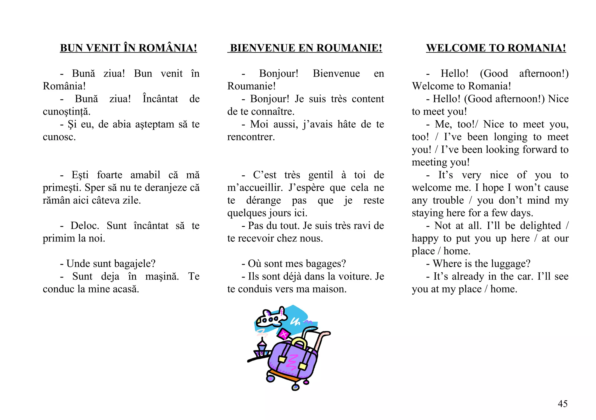 BUN VENIT ÎN ROMÂNIA!               BIENVENUE EN ROUMANIE!                       WELCOME TO ROMANIA!

   - Bună ziua! Bun venit în              - Bonjour! Bienvenue en                   - Hello! (Good afternoon!)
România!                               Roumanie!                                 Welcome to Romania!
   - Bună ziua! Încântat de               - Bonjour! Je suis très content           - Hello! (Good afternoon!) Nice
cunoştinţă.                            de te connaître.                          to meet you!
   - Şi eu, de abia aşteptam să te        - Moi aussi, j’avais hâte de te           - Me, too!/ Nice to meet you,
cunosc.                                rencontrer.                               too! / I’ve been longing to meet
                                                                                 you! / I’ve been looking forward to
                                                                                 meeting you!
    - Eşti foarte amabil că mă             - C’est très gentil à toi de             - It’s very nice of you to
primeşti. Sper să nu te deranjeze că   m’accueillir. J’espère que cela ne        welcome me. I hope I won’t cause
rămân aici câteva zile.                te dérange pas que je reste               any trouble / you don’t mind my
                                       quelques jours ici.                       staying here for a few days.
    - Deloc. Sunt încântat să te           - Pas du tout. Je suis très ravi de      - Not at all. I’ll be delighted /
primim la noi.                         te recevoir chez nous.                    happy to put you up here / at our
                                                                                 place / home.
   - Unde sunt bagajele?                   - Où sont mes bagages?                   - Where is the luggage?
   - Sunt deja în maşină. Te               - Ils sont déjà dans la voiture. Je      - It’s already in the car. I’ll see
conduc la mine acasă.                  te conduis vers ma maison.                you at my place / home.




                                                                                                                    45
 