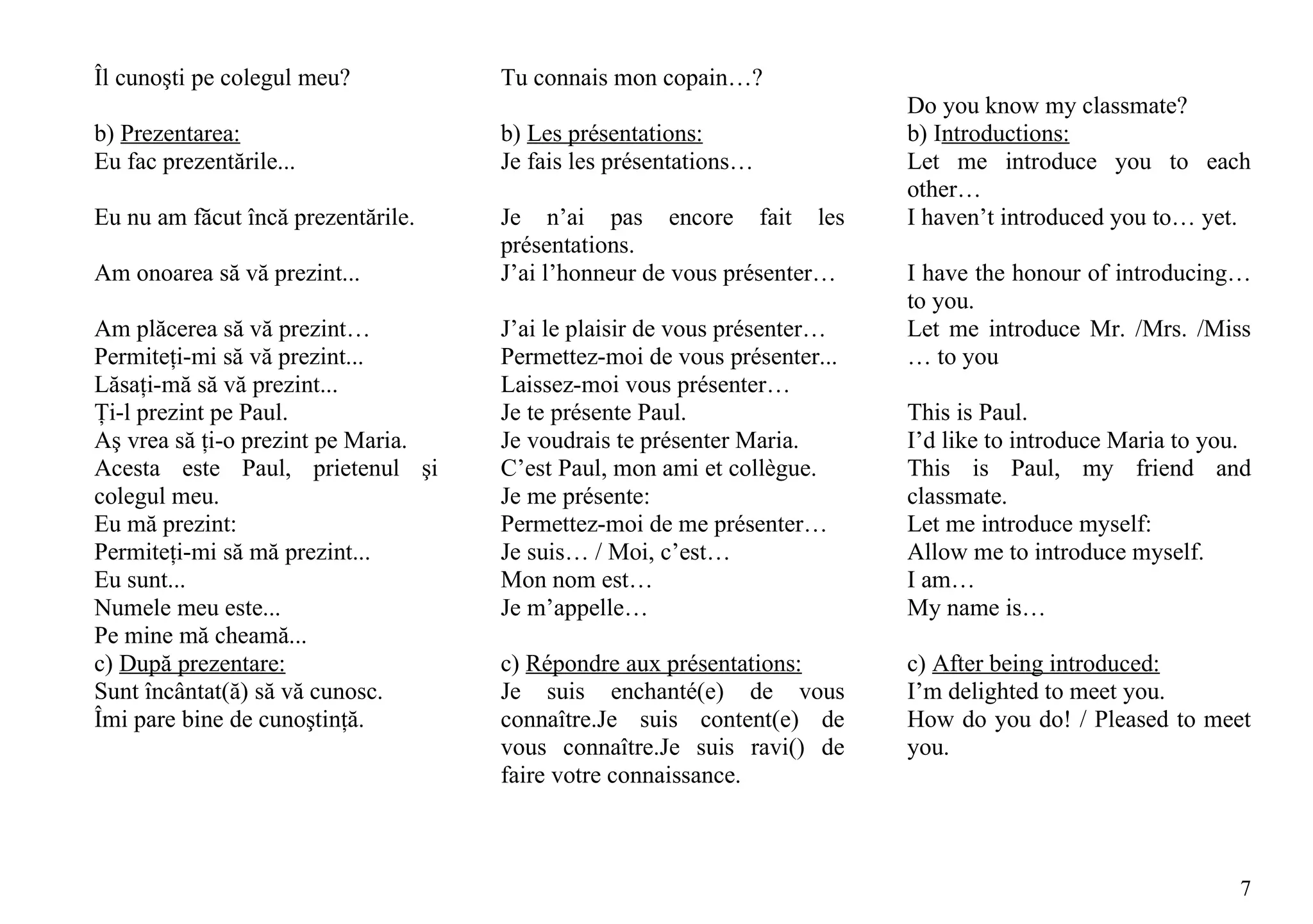 Îl cunoşti pe colegul meu?          Tu connais mon copain…?
                                                                         Do you know my classmate?
b) Prezentarea:                     b) Les présentations:                b) Introductions:
Eu fac prezentările...              Je fais les présentations…           Let me introduce you to each
                                                                         other…
Eu nu am făcut încă prezentările.   Je n’ai pas encore fait les          I haven’t introduced you to… yet.
                                    présentations.
Am onoarea să vă prezint...         J’ai l’honneur de vous présenter…    I have the honour of introducing…
                                                                         to you.
Am plăcerea să vă prezint…          J’ai le plaisir de vous présenter…   Let me introduce Mr. /Mrs. /Miss
Permiteţi-mi să vă prezint...       Permettez-moi de vous présenter...   … to you
Lăsaţi-mă să vă prezint...          Laissez-moi vous présenter…
Ţi-l prezint pe Paul.               Je te présente Paul.                 This is Paul.
Aş vrea să ţi-o prezint pe Maria.   Je voudrais te présenter Maria.      I’d like to introduce Maria to you.
Acesta este Paul, prietenul şi      C’est Paul, mon ami et collègue.     This is Paul, my friend and
colegul meu.                        Je me présente:                      classmate.
Eu mă prezint:                      Permettez-moi de me présenter…       Let me introduce myself:
Permiteţi-mi să mă prezint...       Je suis… / Moi, c’est…               Allow me to introduce myself.
Eu sunt...                          Mon nom est…                         I am…
Numele meu este...                  Je m’appelle…                        My name is…
Pe mine mă cheamă...
c) După prezentare:                 c) Répondre aux présentations:       c) After being introduced:
Sunt încântat(ă) să vă cunosc.      Je suis enchanté(e) de vous          I’m delighted to meet you.
Îmi pare bine de cunoştinţă.        connaître.Je suis content(e) de      How do you do! / Pleased to meet
                                    vous connaître.Je suis ravi() de     you.
                                    faire votre connaissance.



                                                                                                          7
 